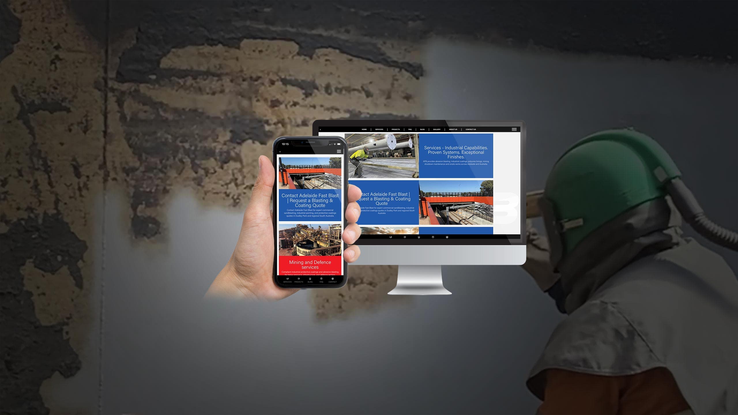 Adelaide Fast Blast services page shown on a desktop monitor and smartphone with a sandblasting worker behind