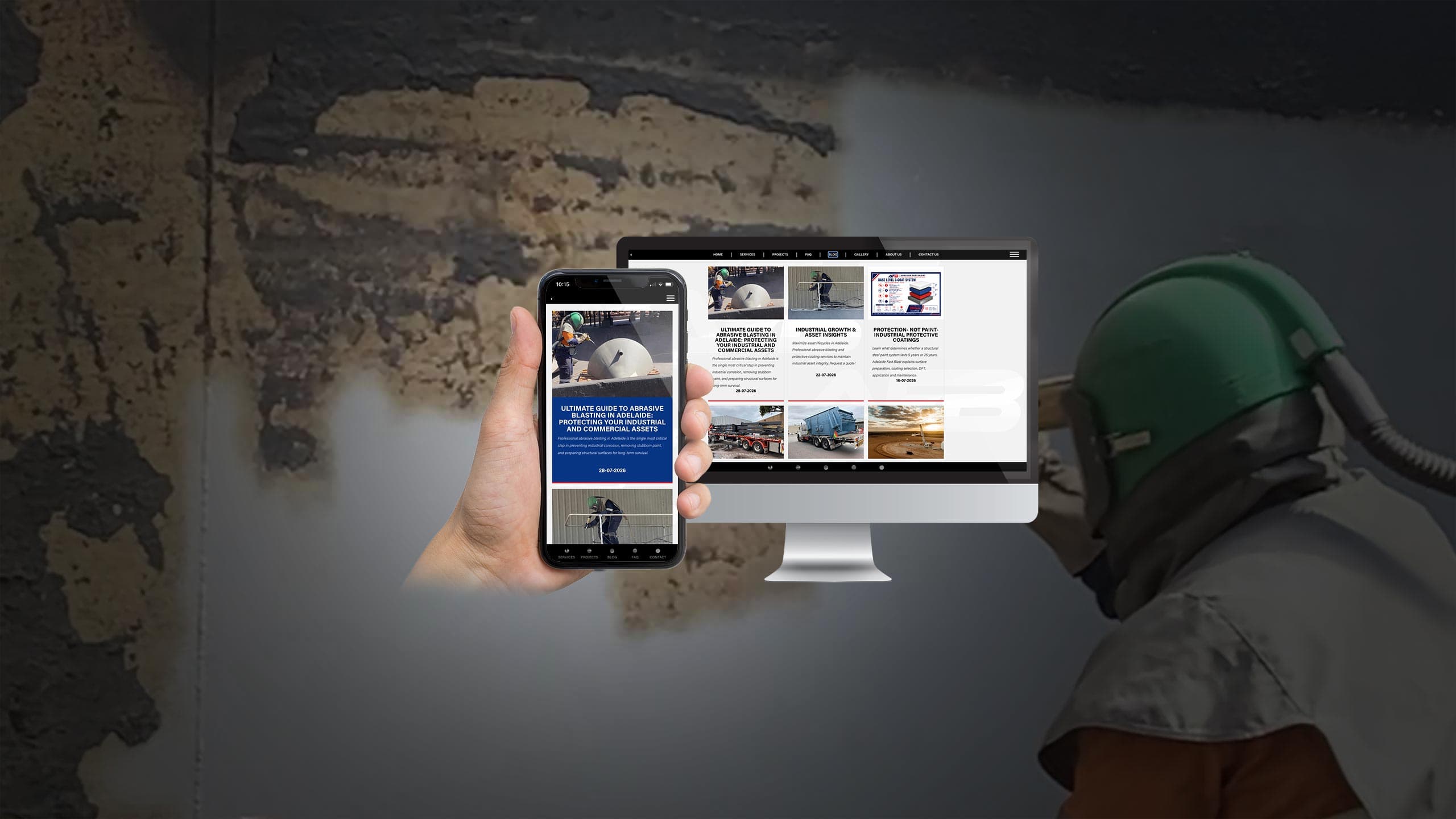 Adelaide Fast Blast blog page shown on a desktop monitor and smartphone with a sandblasting worker behind