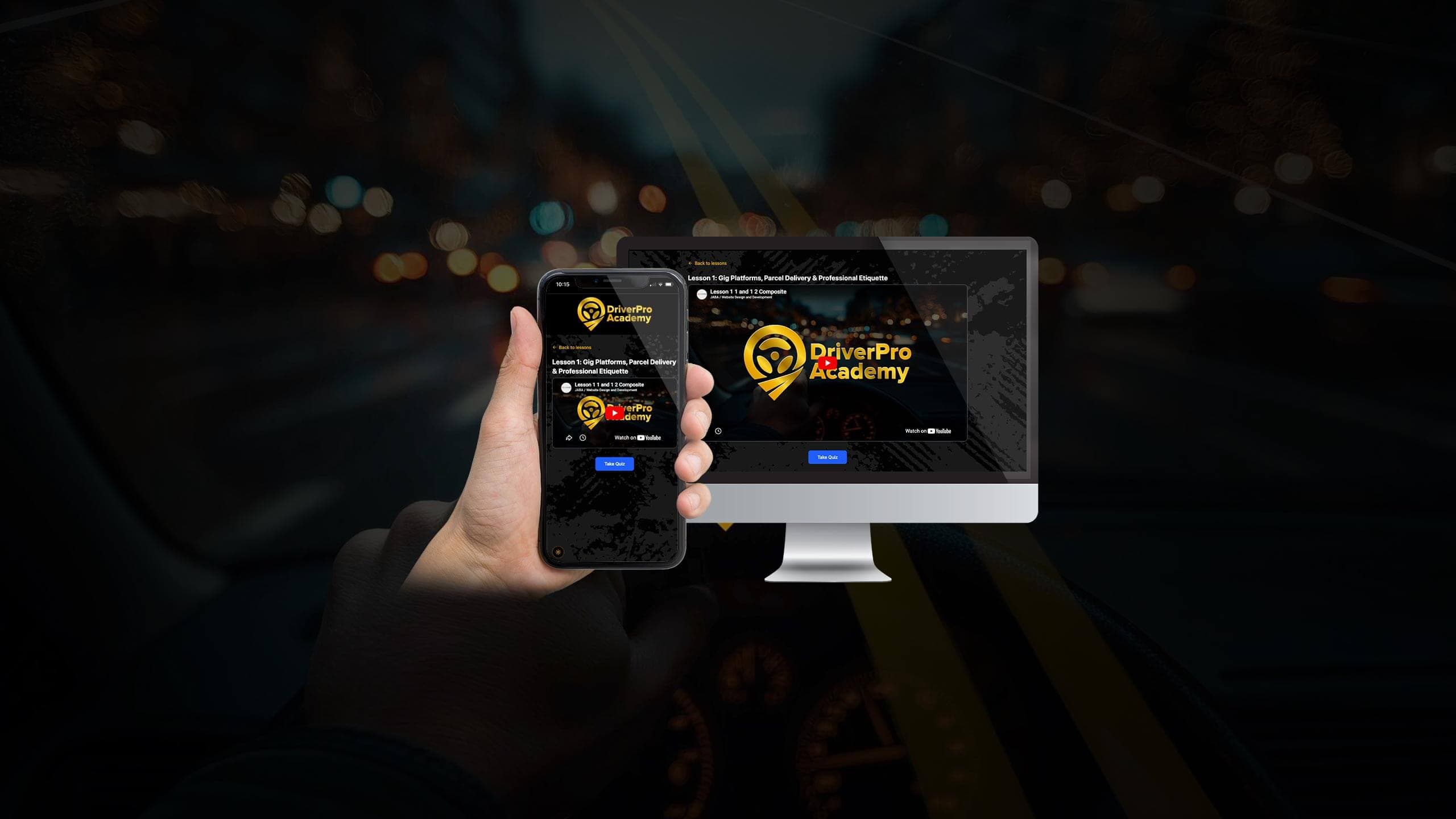 DriverPro Academy lesson video page displayed on a desktop monitor and smartphone against a night driving scene
