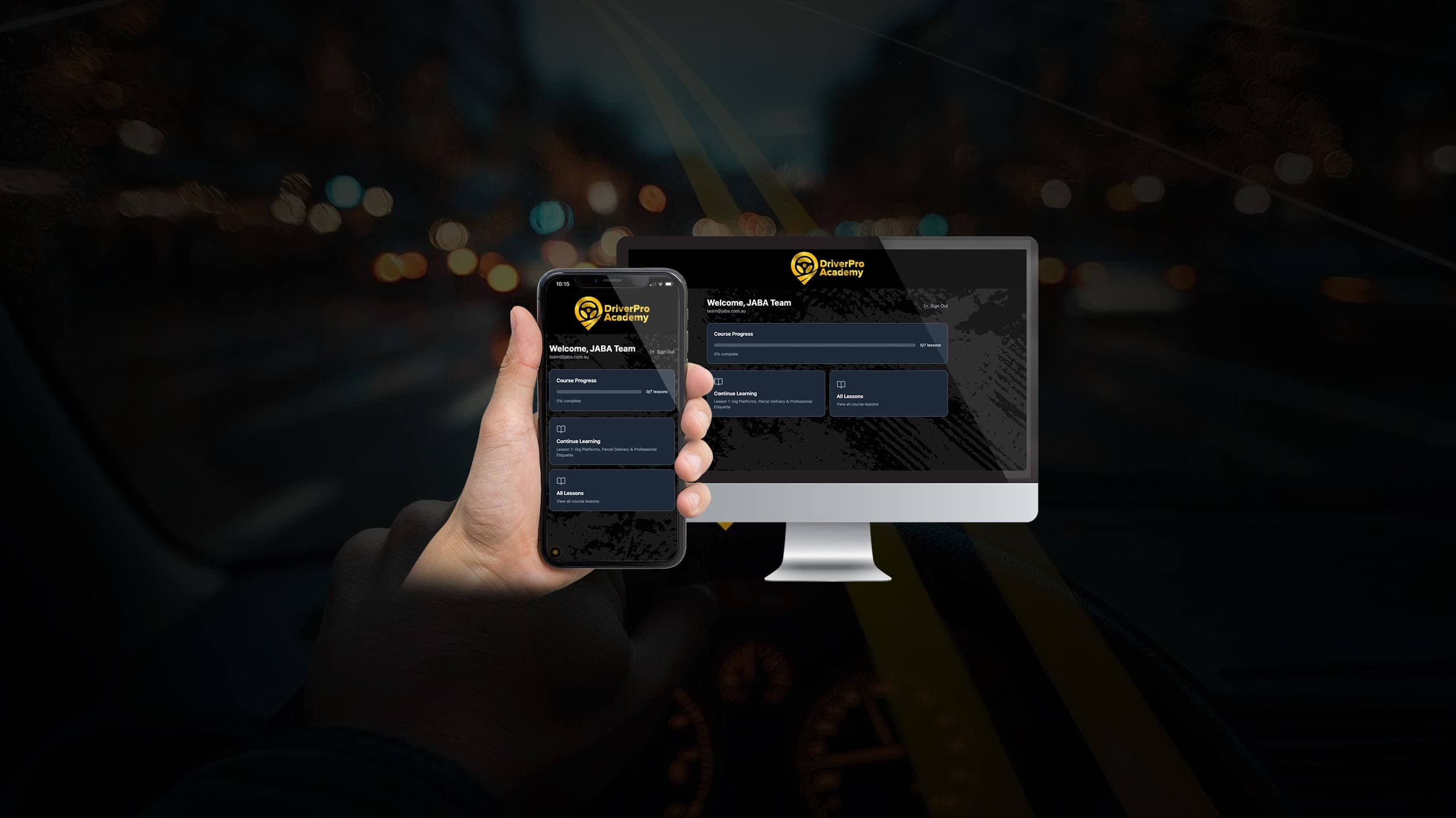 DriverPro Academy dashboard displayed on a desktop monitor and smartphone against a night driving scene