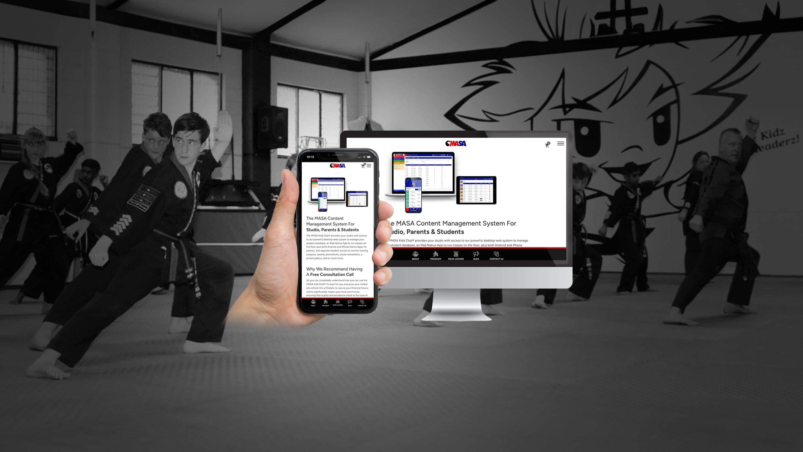 MASA content management system shown on desktop and smartphone over a martial arts studio photo