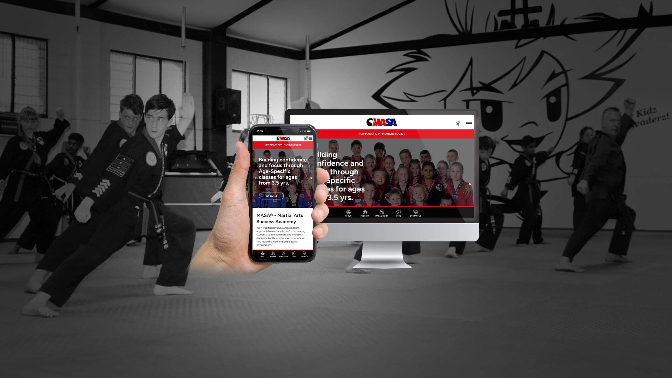 MASA Martial Arts Success Academy website shown on desktop and smartphone over a studio photo