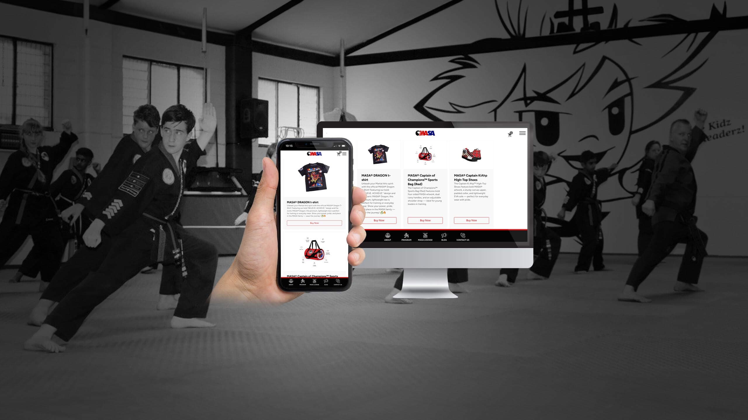MASA online shop shown on desktop and smartphone over a martial arts studio photo