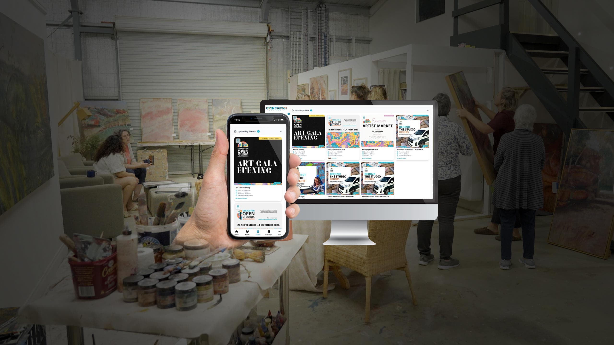 Open Studios Australia upcoming events listing on a monitor and phone, in an artist's studio with paintings and paint pots