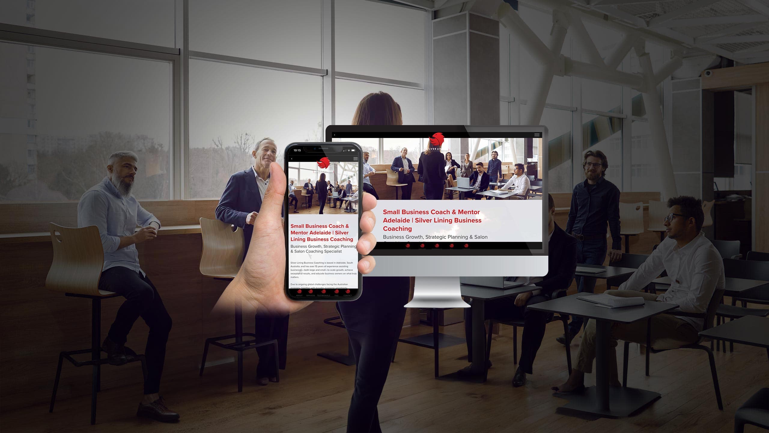 Silver Lining Business Coaching website on desktop and smartphone with colleagues celebrating in the background