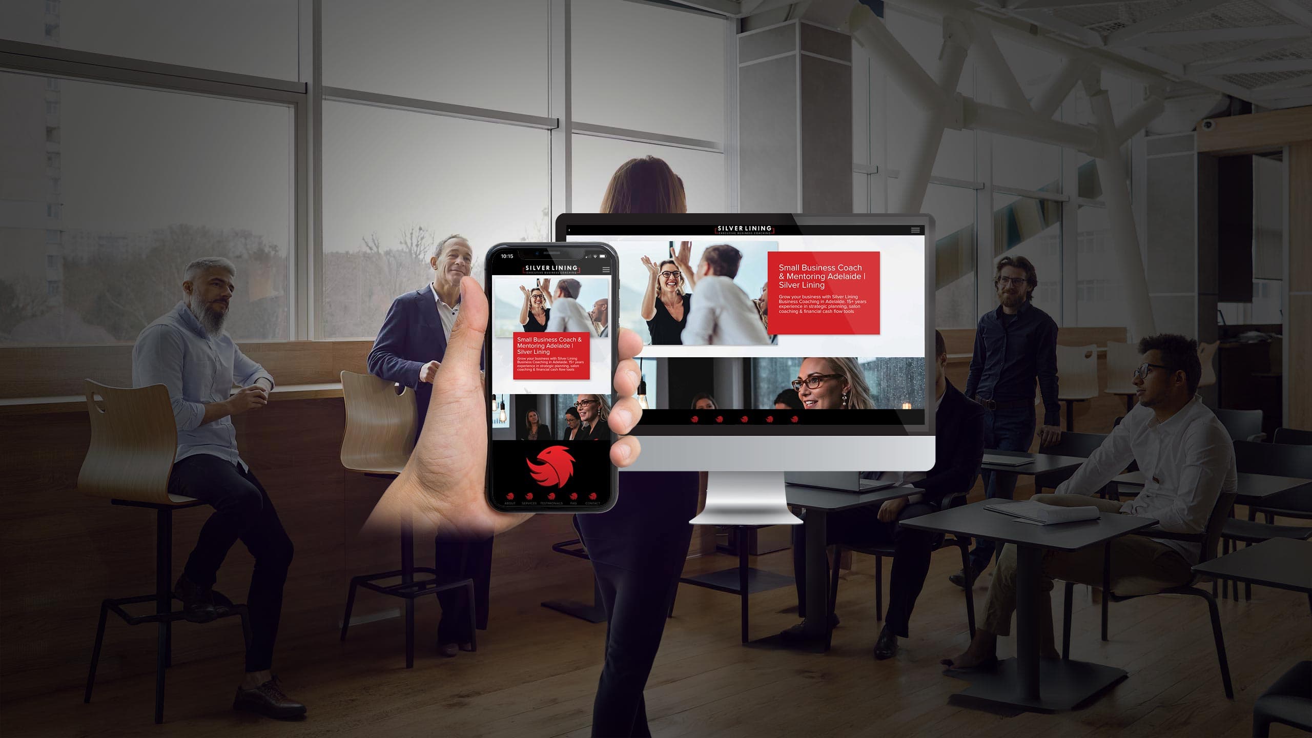 Silver Lining Business Coaching website on desktop and smartphone in a business coaching session setting