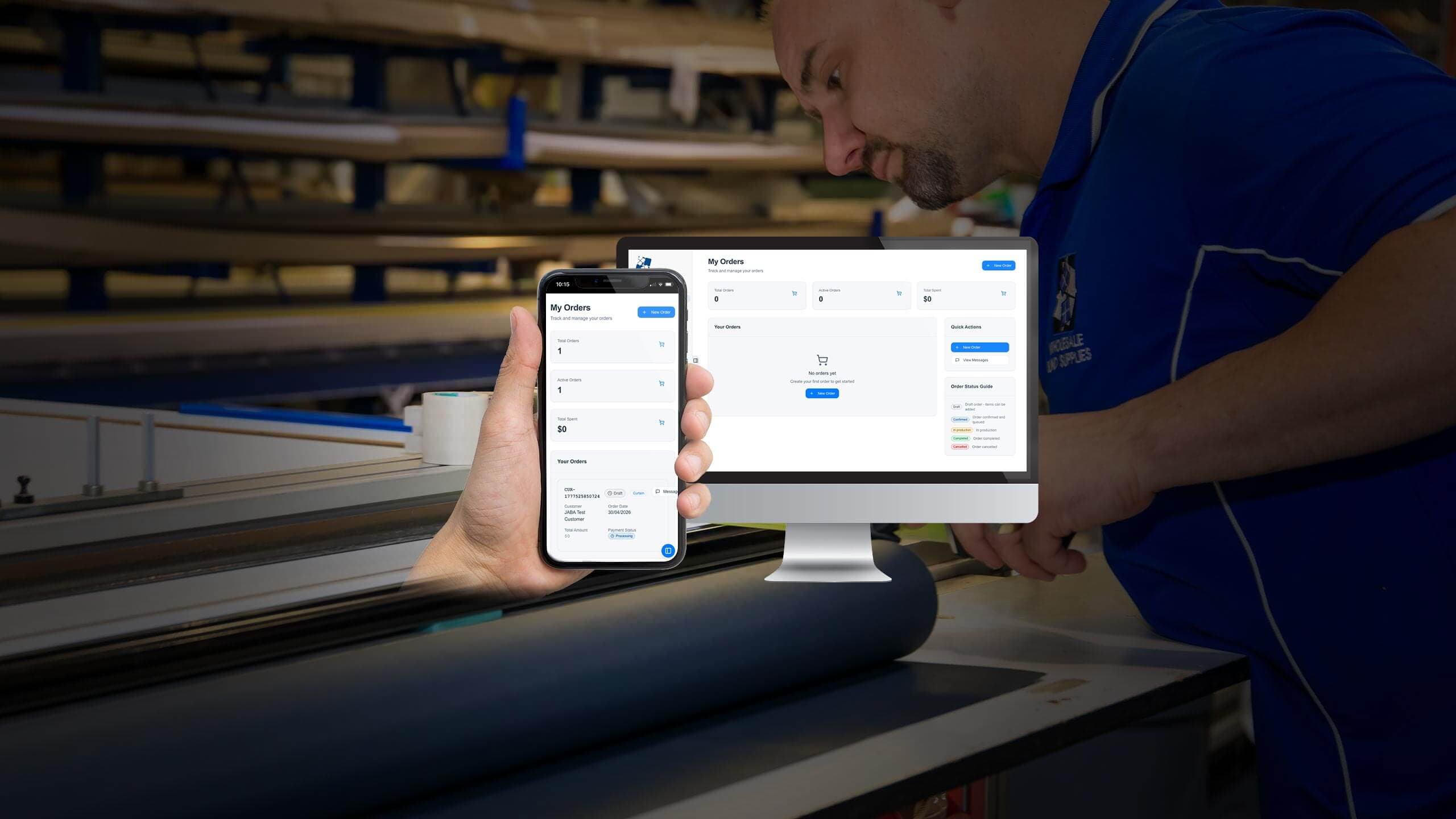Wholesale Blind Supplies order dashboard on desktop and mobile held up in the blind manufacturing workshop