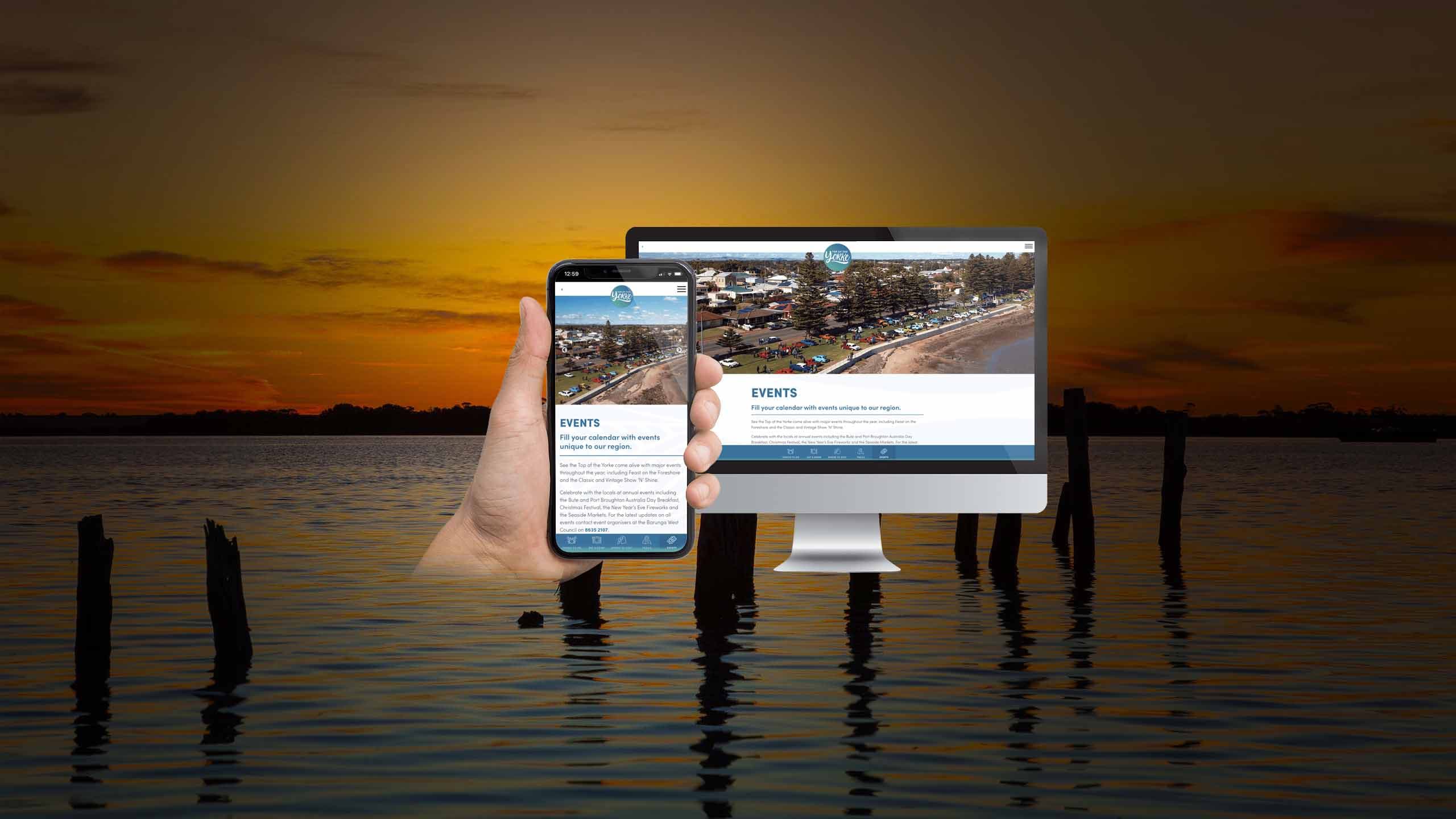 Top of the Yorke Events page shown on desktop and smartphone over a sunset seascape