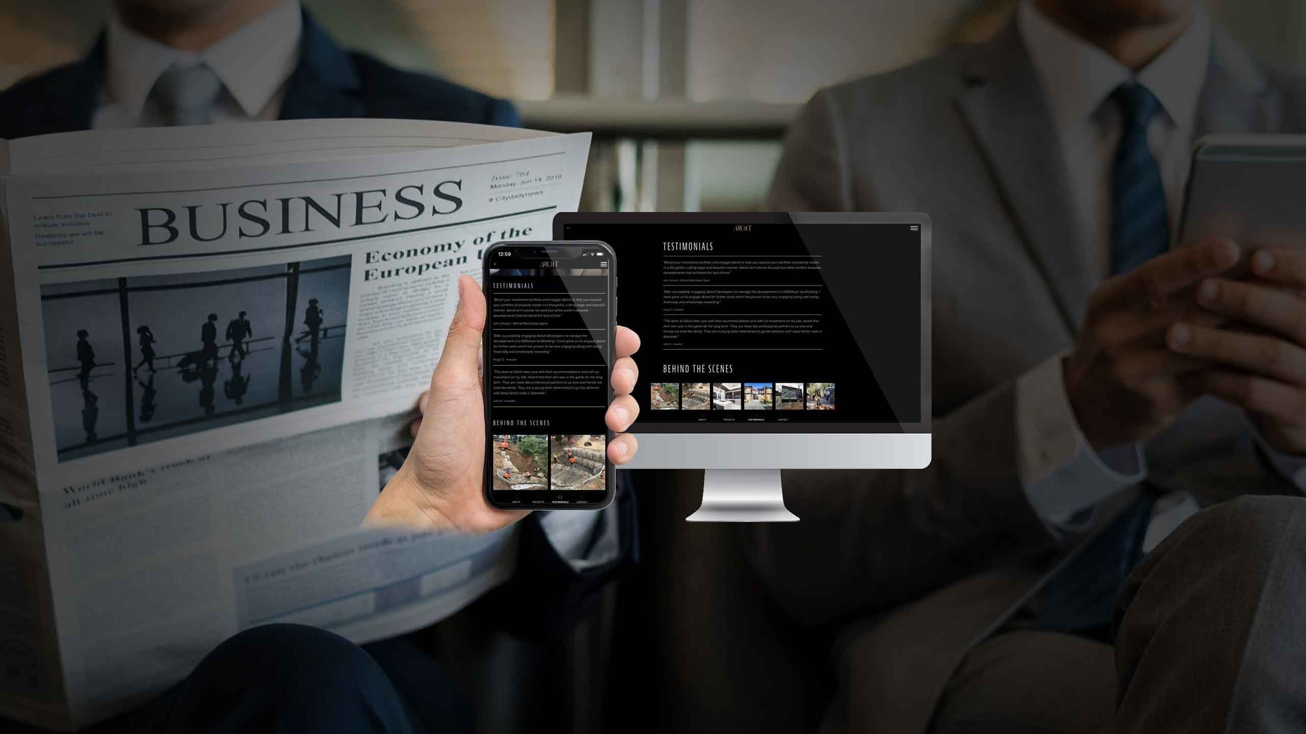Adroit Developers testimonials page shown on a desktop monitor and smartphone held by a businessman reading the news