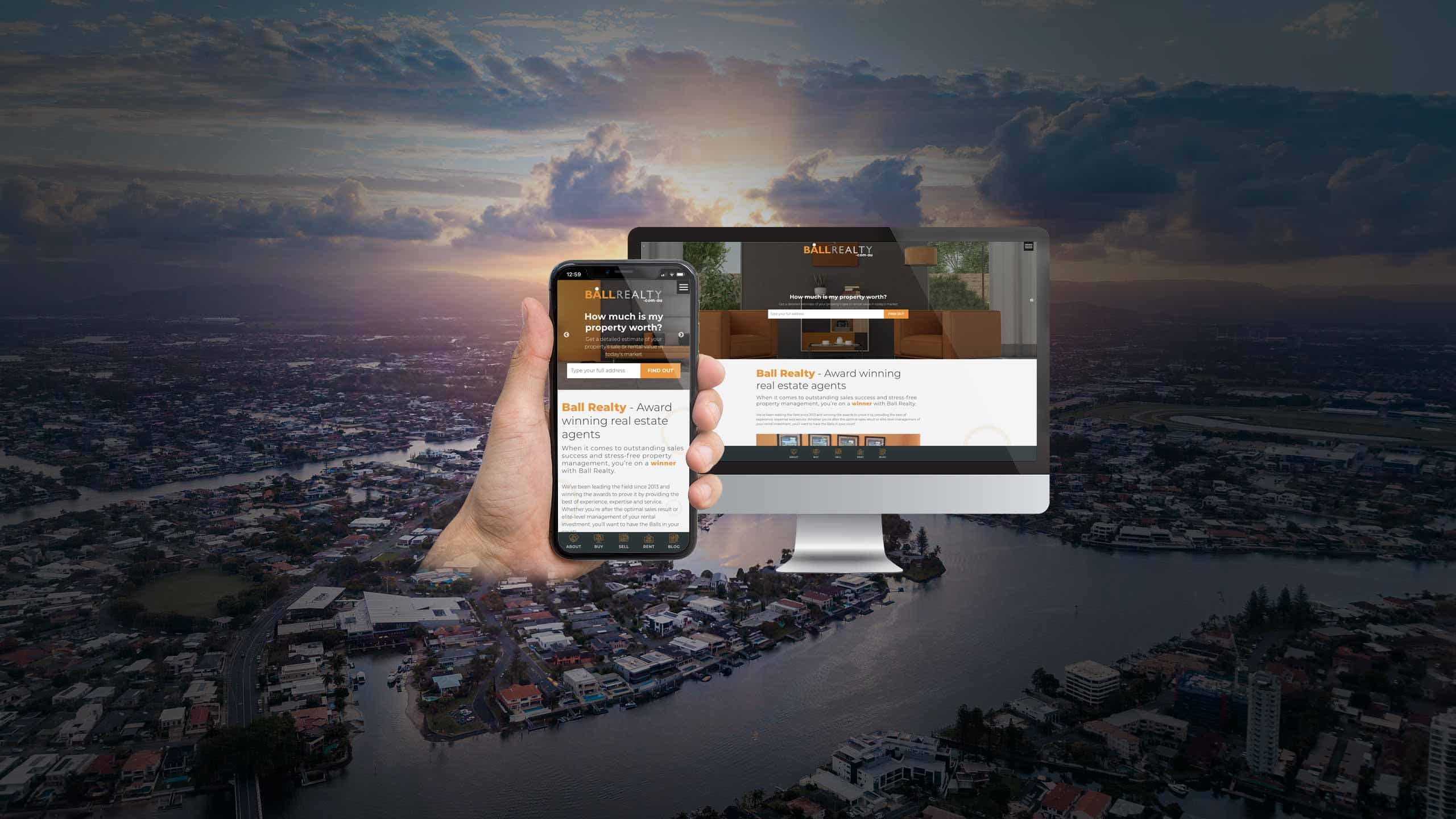 Ball Realty website on desktop and smartphone over an aerial photo of the Gold Coast