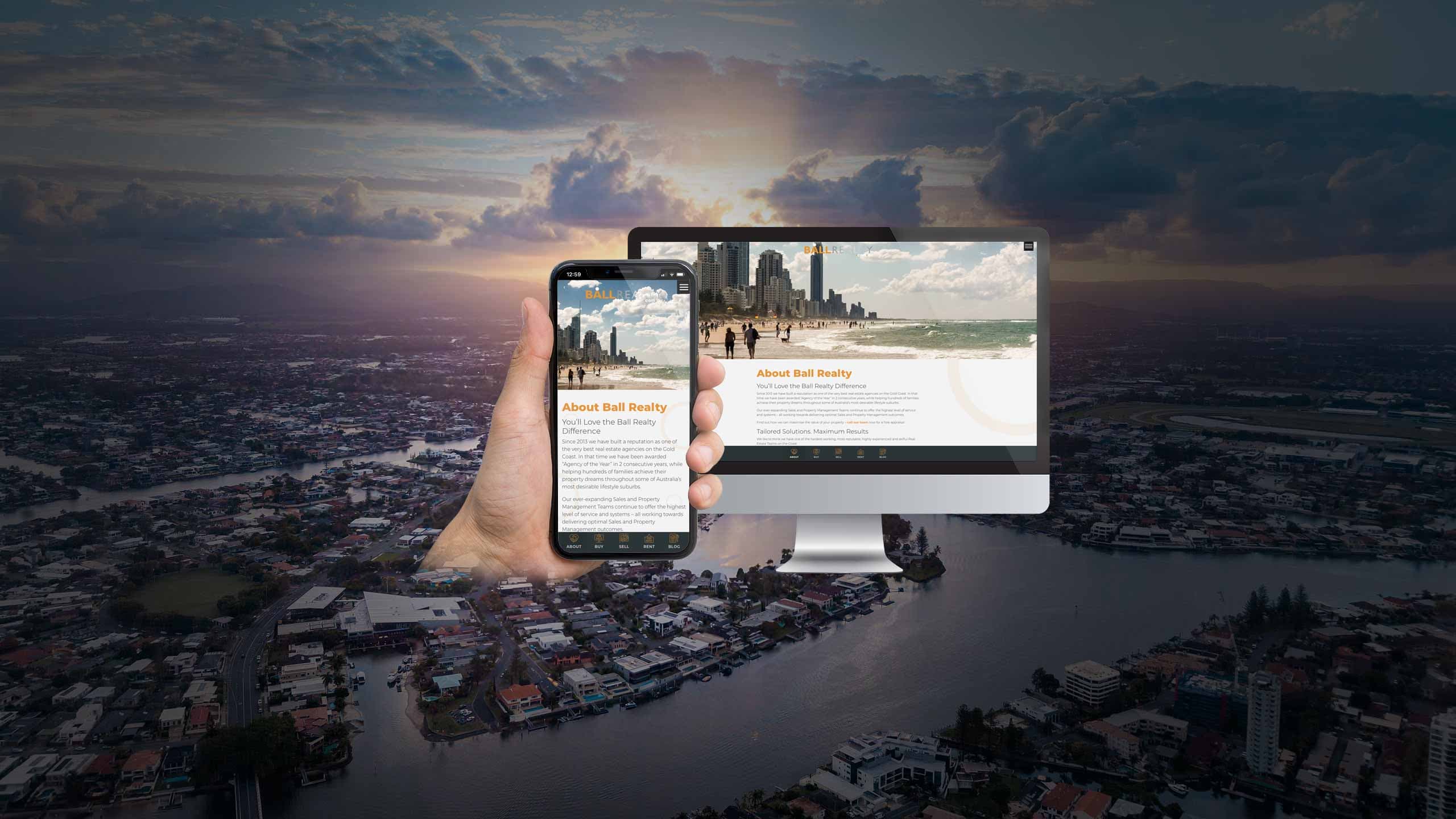 Ball Realty property value page on desktop and smartphone over an aerial photo of the Gold Coast