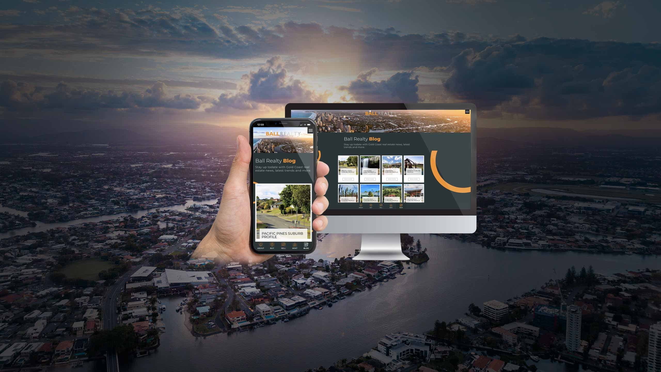 Ball Realty blog page on desktop and smartphone over an aerial photo of the Gold Coast