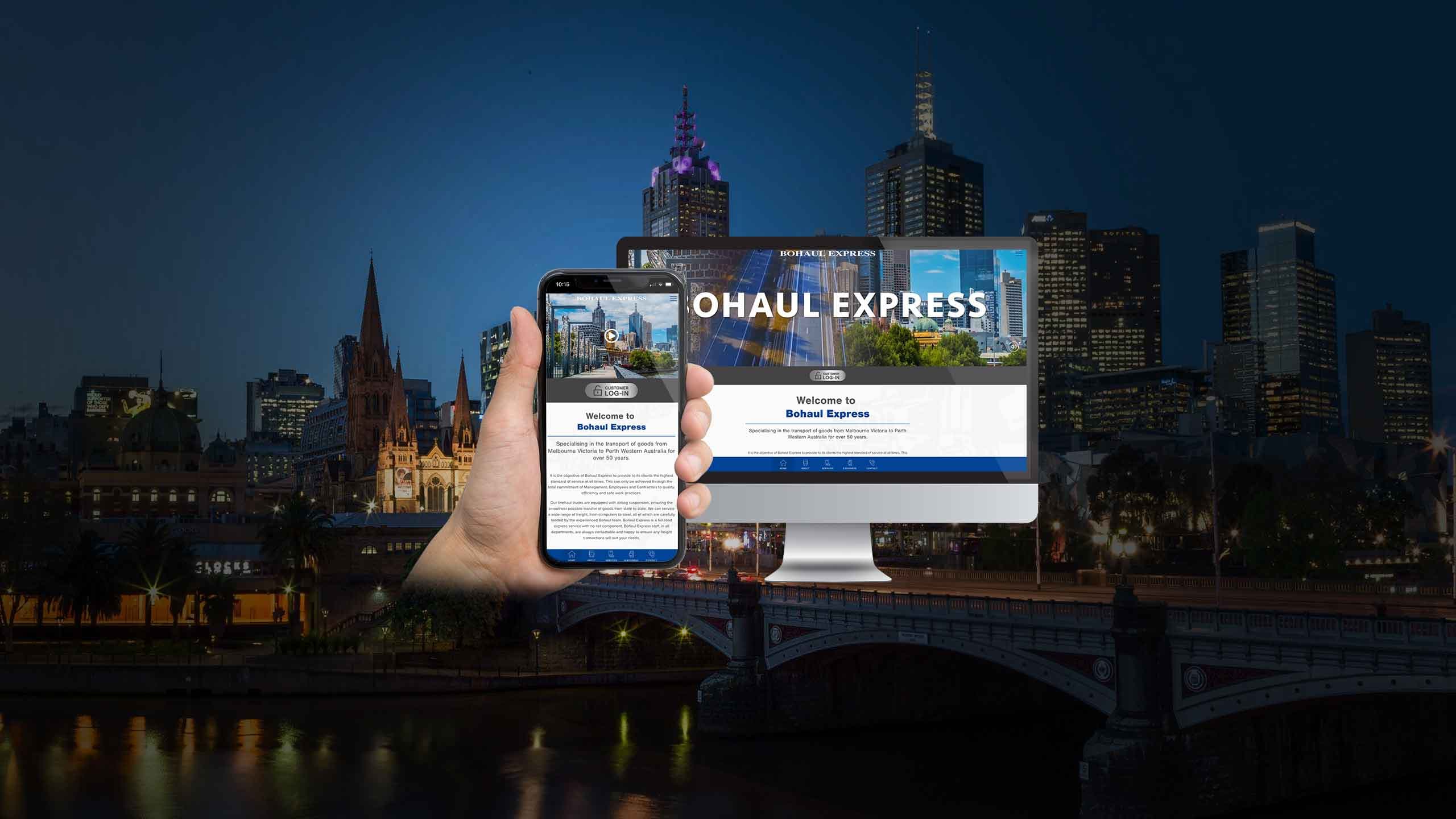 Bohaul Express homepage mockup on a desktop monitor and smartphone over Melbourne's skyline at night