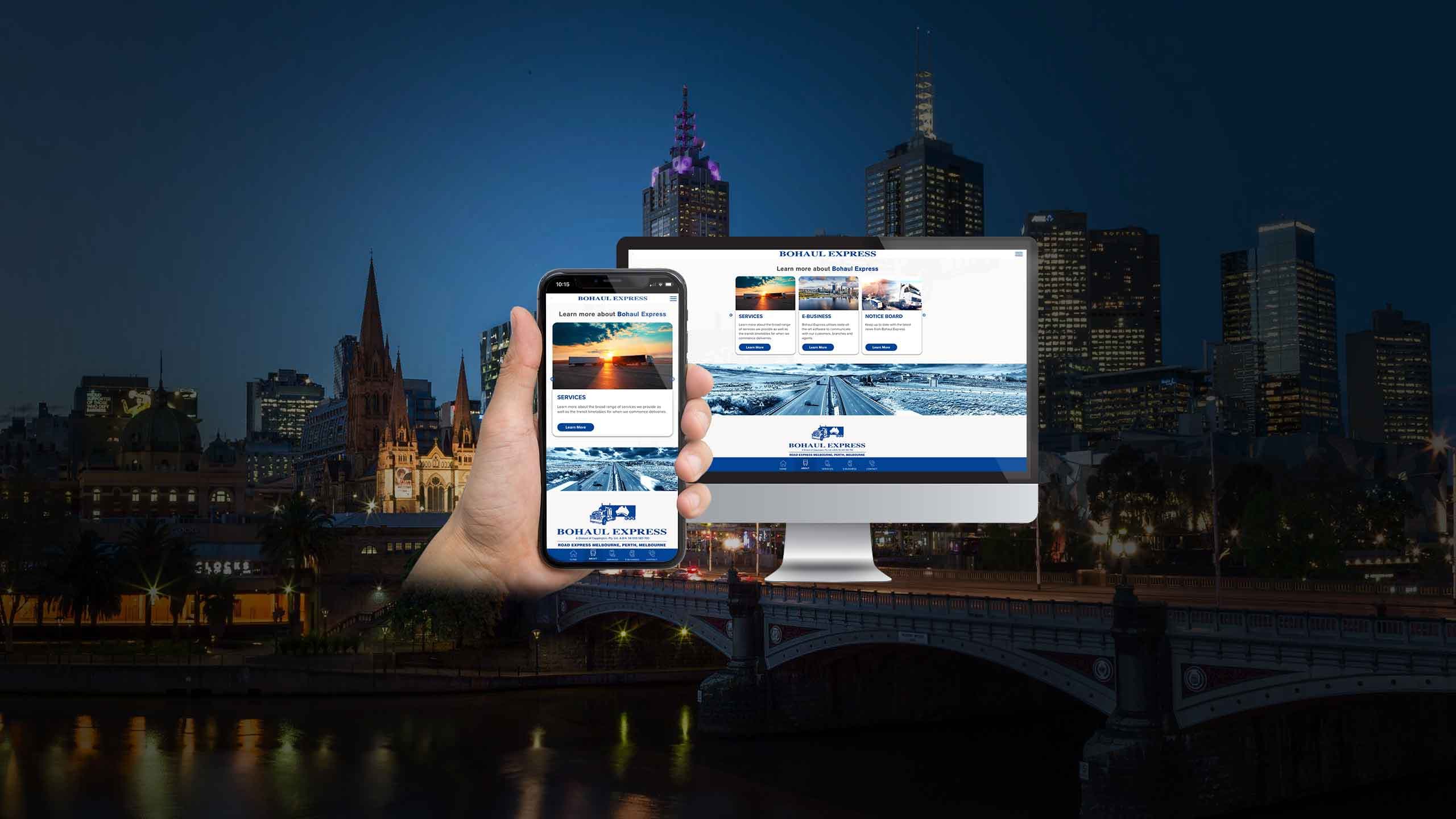 Bohaul Express services page mockup on a desktop monitor and smartphone over Melbourne's skyline at night