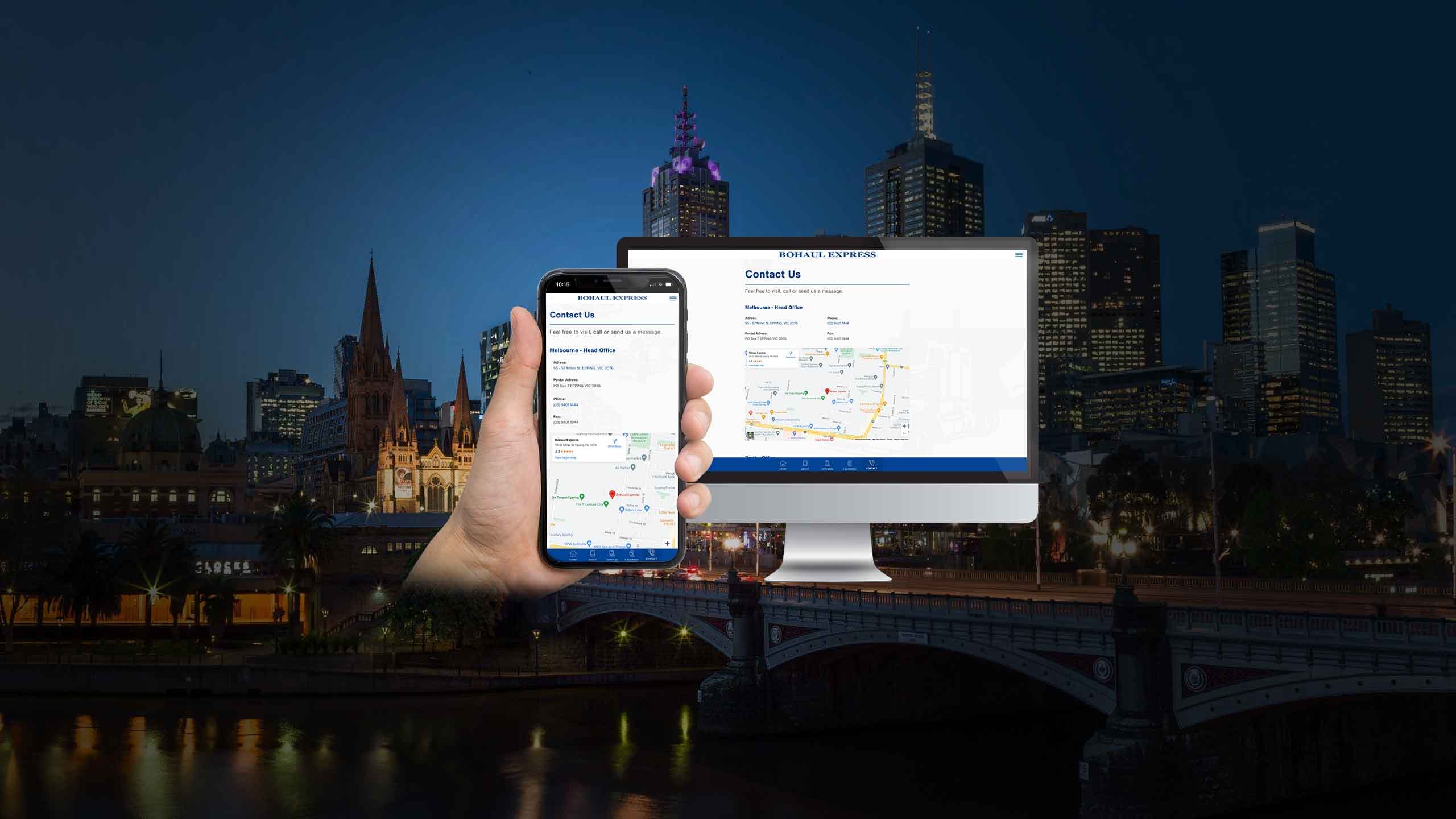 Bohaul Express contact page mockup on a desktop monitor and smartphone over Melbourne's skyline at night