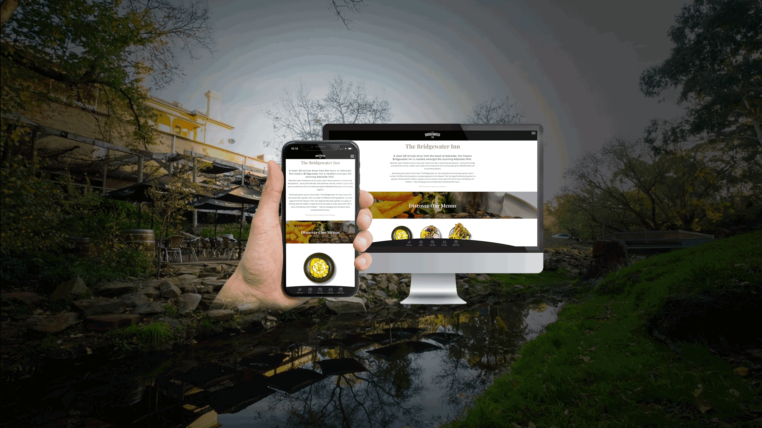 Bridgewater Inn homepage displayed on a desktop monitor and smartphone, Cox Creek backdrop
