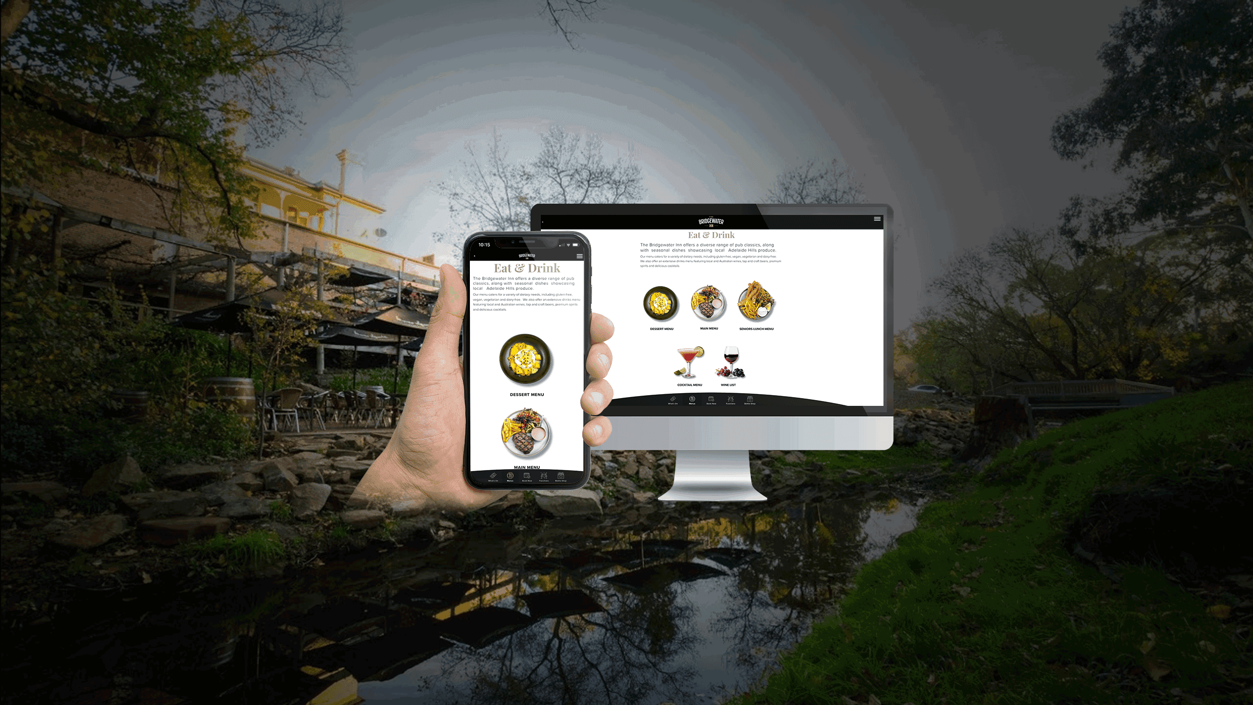 Bridgewater Inn Eat and Drink menu page displayed on a desktop monitor and smartphone, Cox Creek backdrop