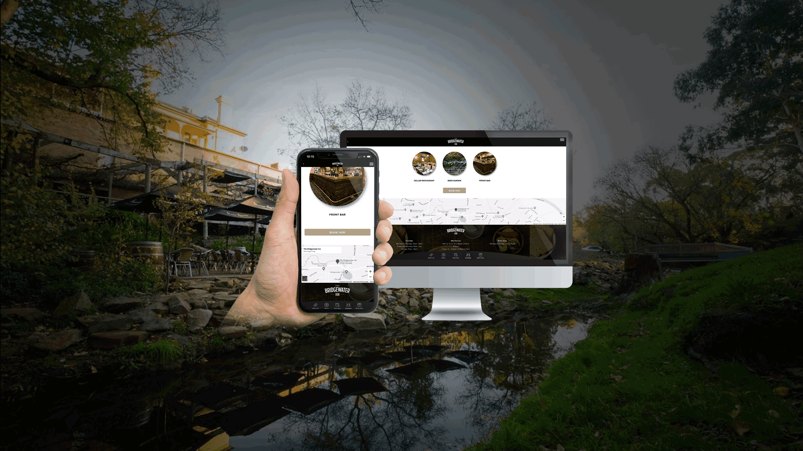 Bridgewater Inn venue gallery page displayed on a desktop monitor and smartphone, Cox Creek backdrop