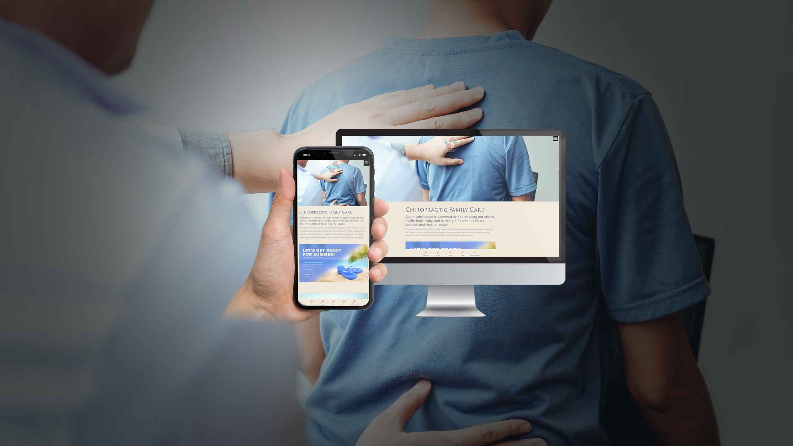 Chiropractic Family Care homepage mockup on a desktop monitor and smartphone over a treatment scene