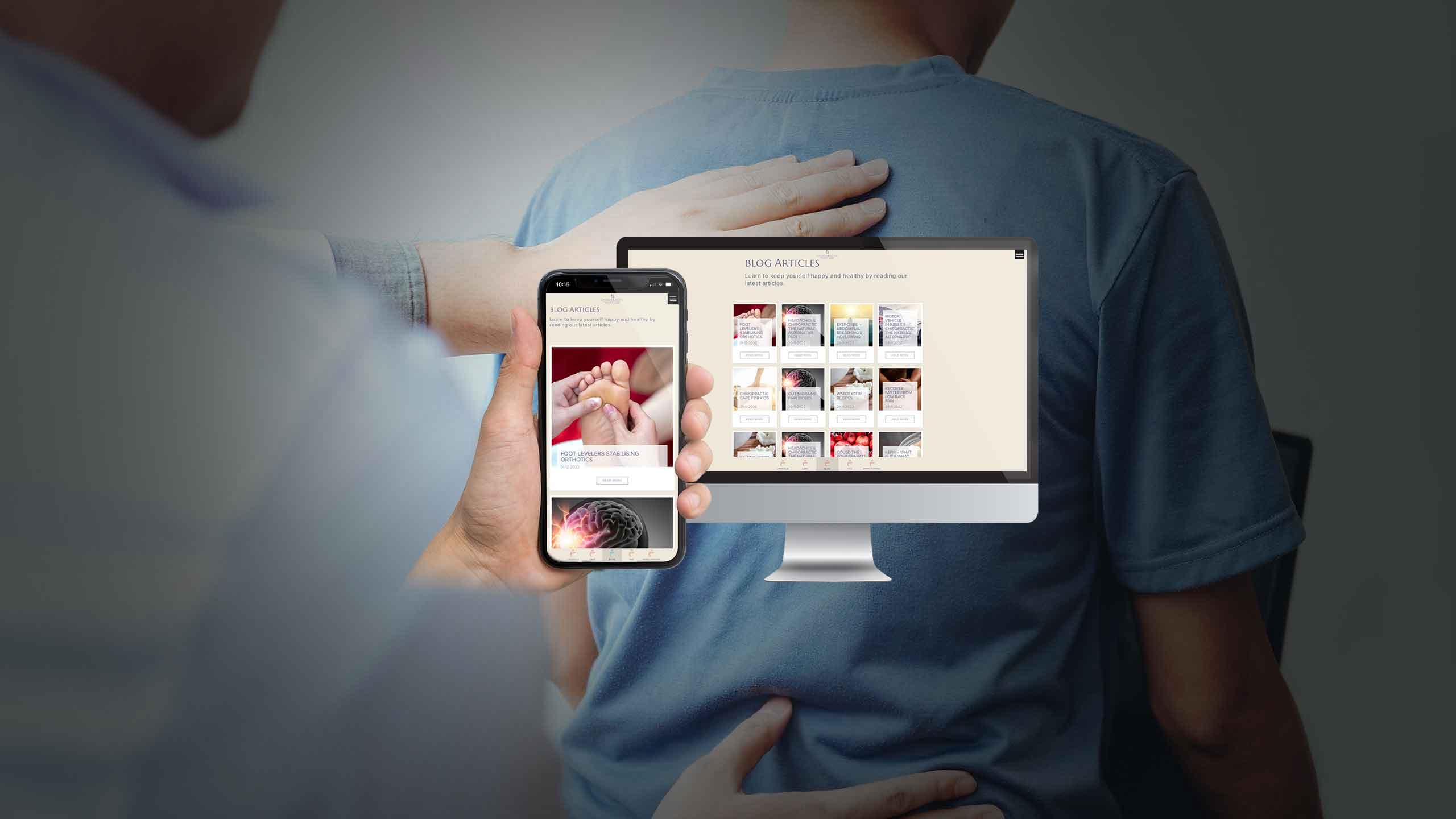 Chiropractic Family Care blog page mockup on a desktop monitor and smartphone over a treatment scene
