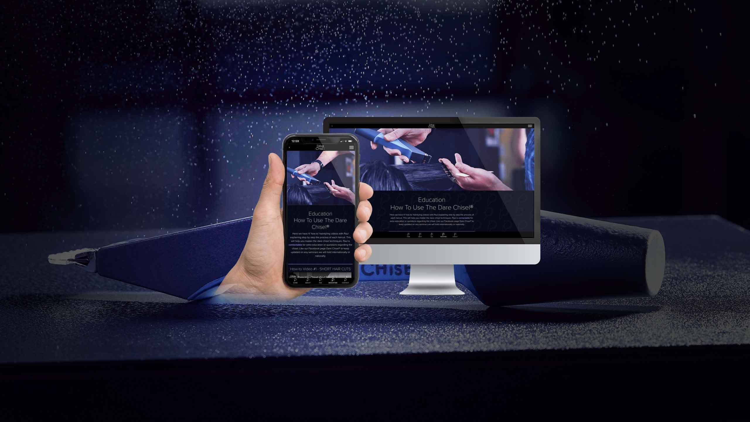 Dare Chisel website education page on a desktop monitor and smartphone against a dark, water-splashed backdrop