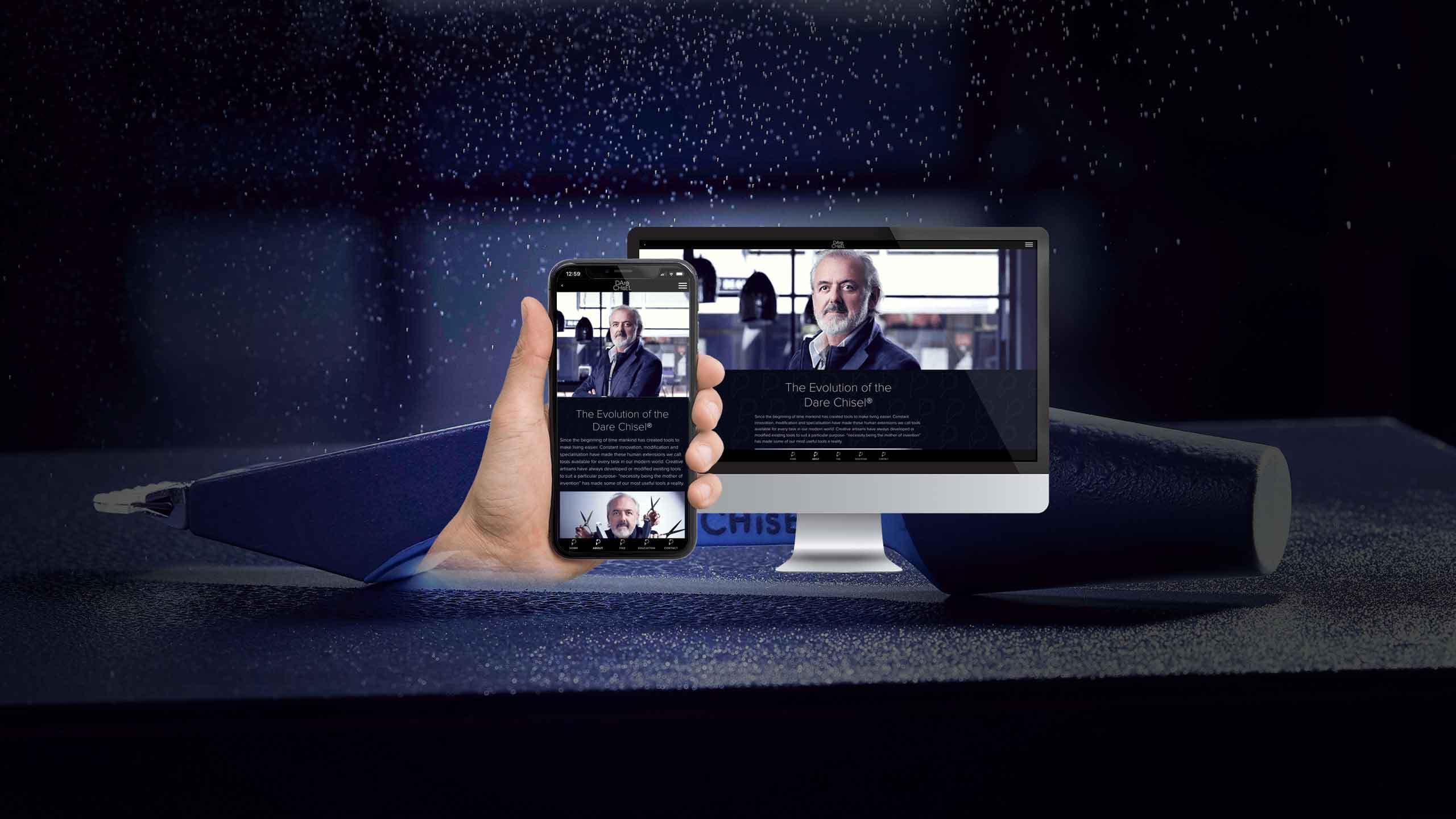Dare Chisel website About page on a desktop monitor and smartphone against a dark, water-splashed backdrop