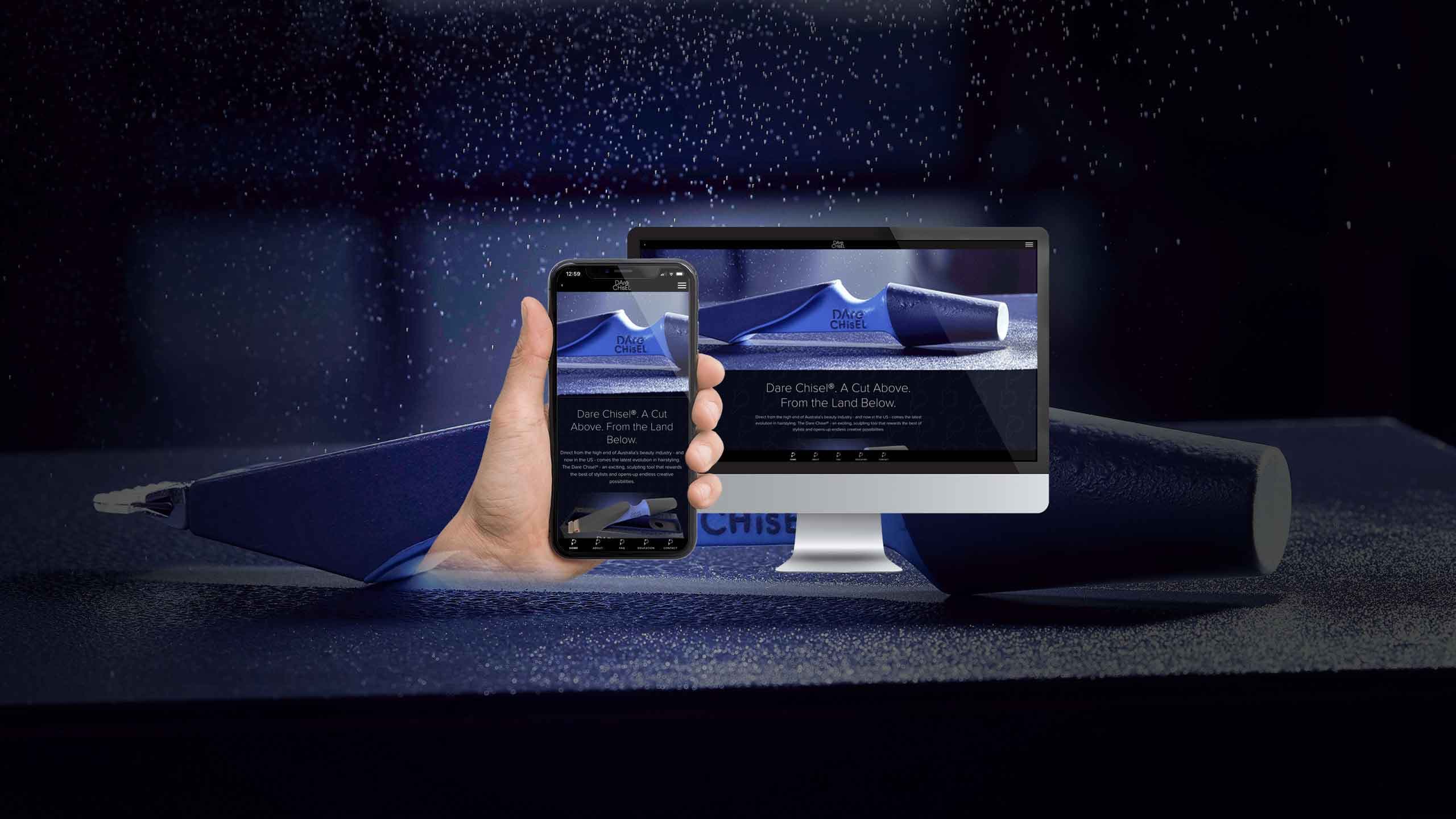 Dare Chisel website homepage on a desktop monitor and smartphone against a dark, water-splashed backdrop