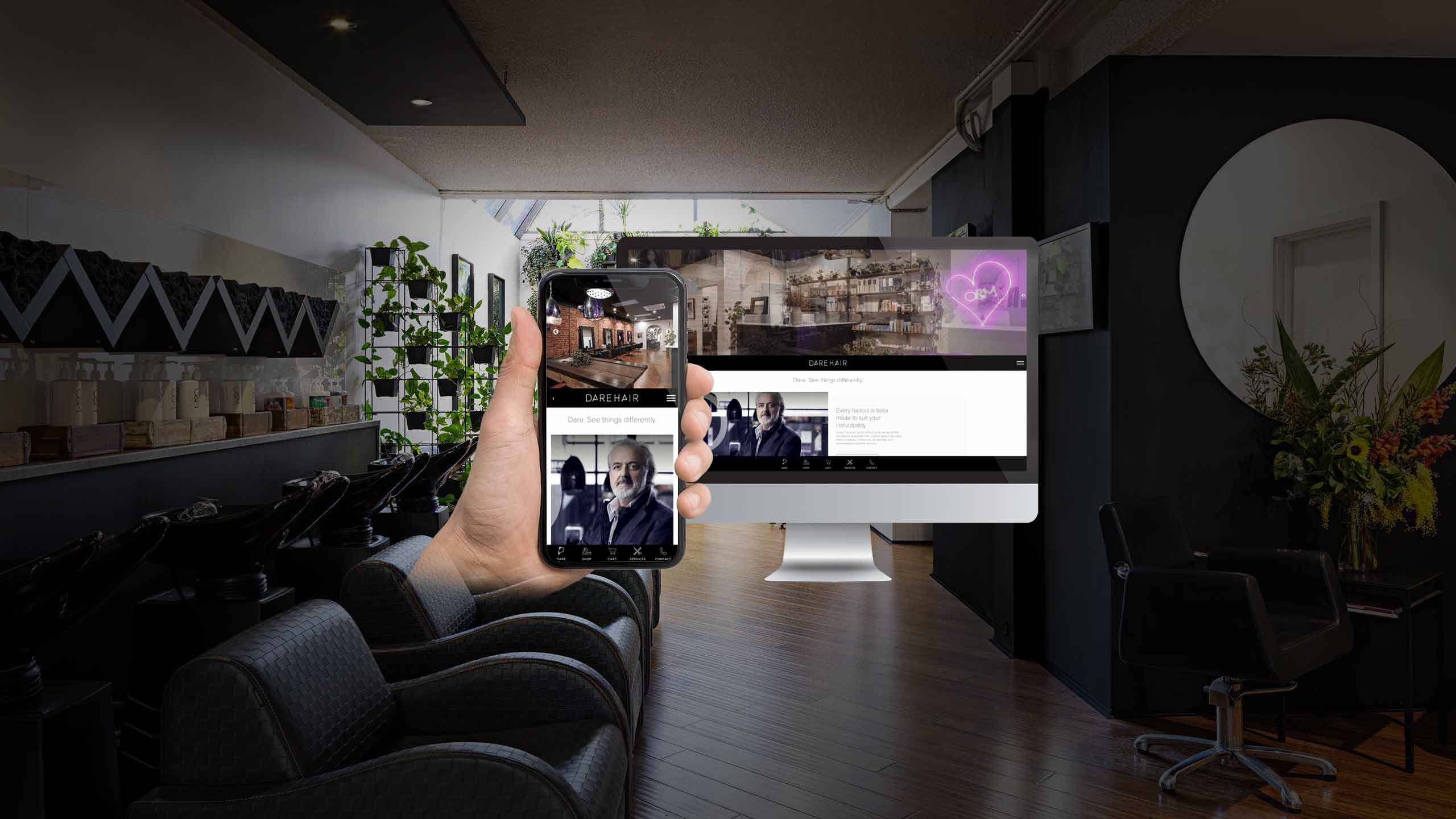 Dare Hair website homepage on desktop and smartphone inside the salon interior