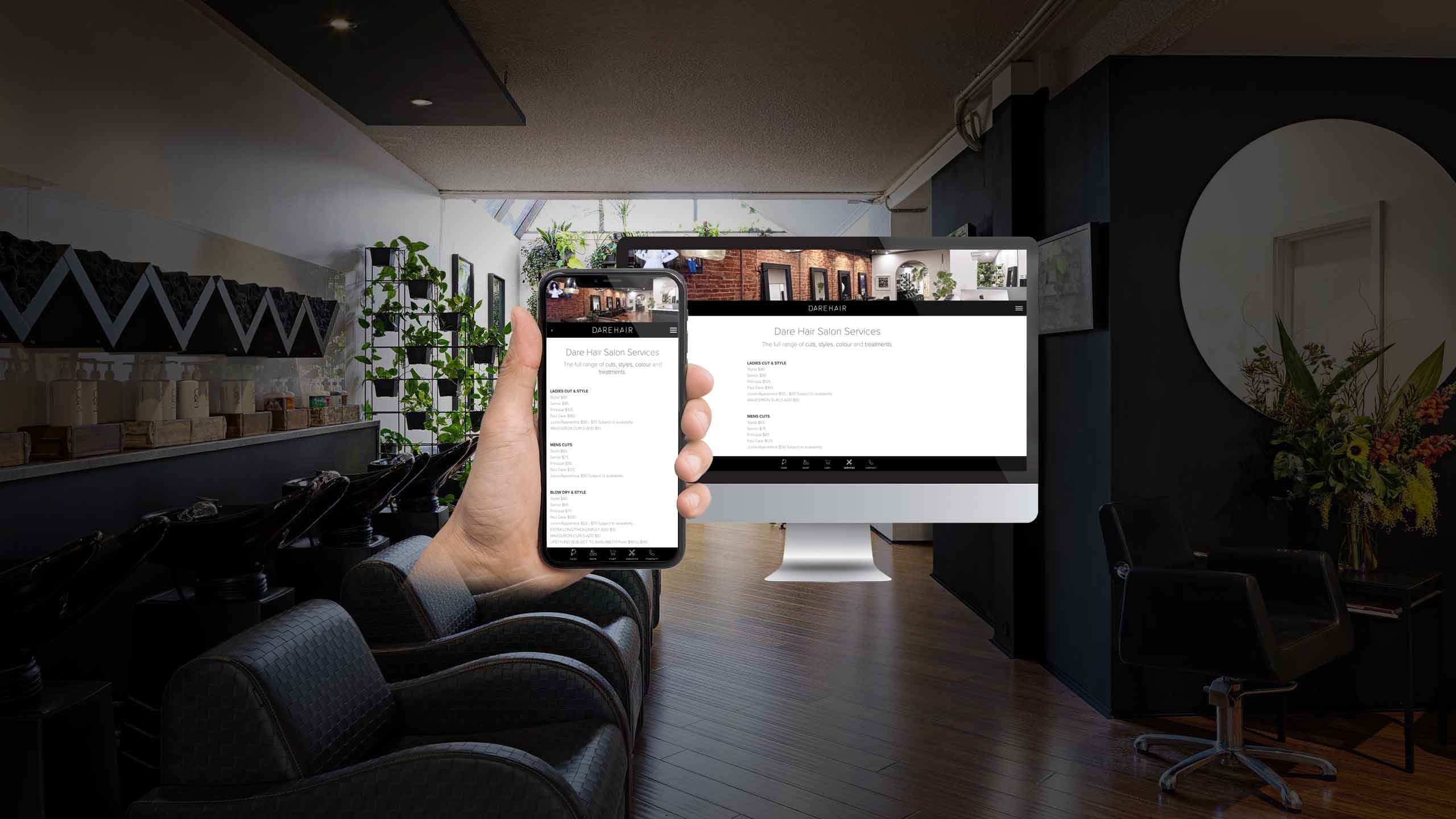 Dare Hair salon services page on desktop and smartphone inside the salon interior