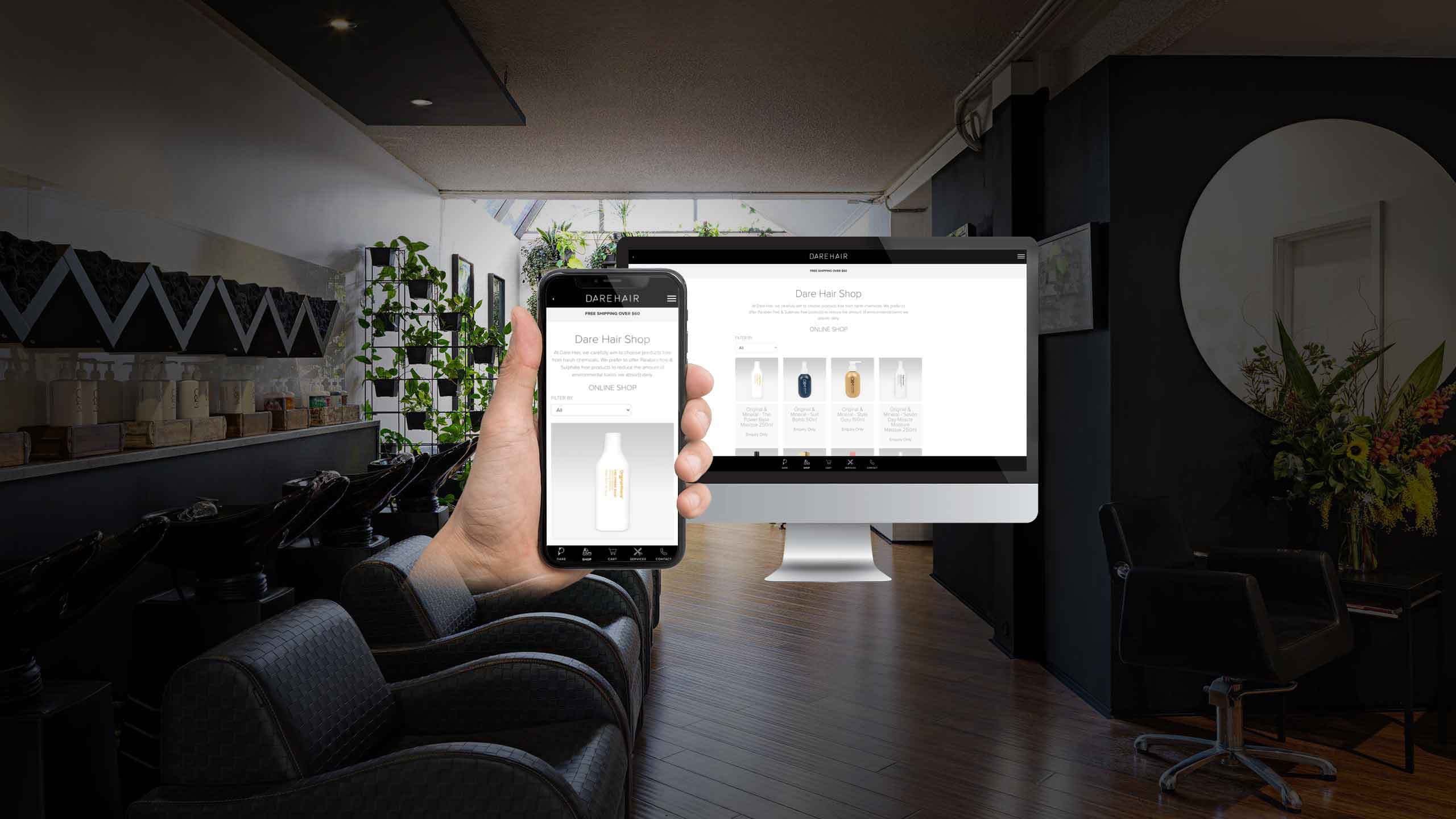 Dare Hair online shop page on desktop and smartphone inside the salon interior