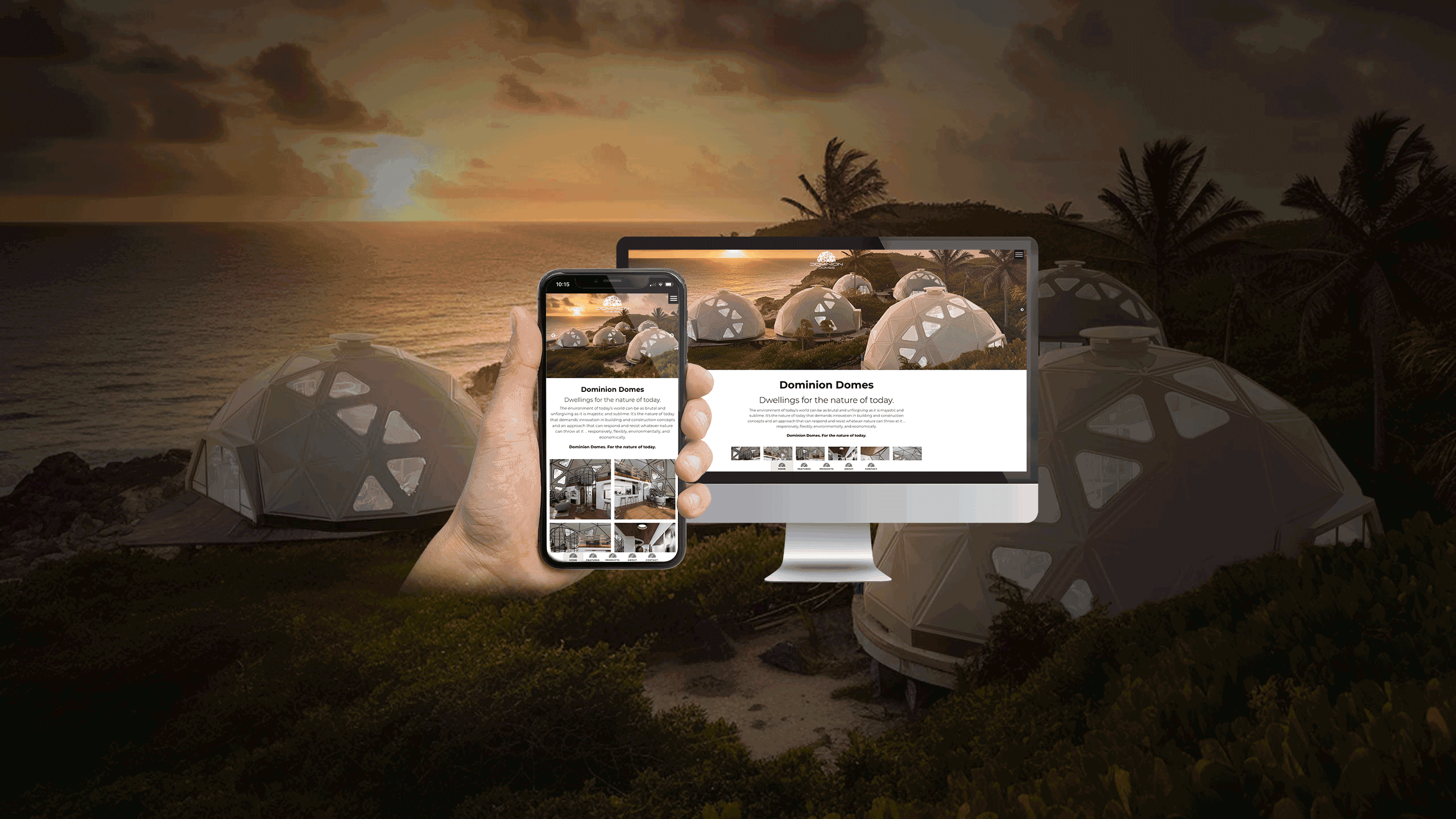 Dominion Domes homepage on desktop and smartphone against a sunset geodesic dome backdrop