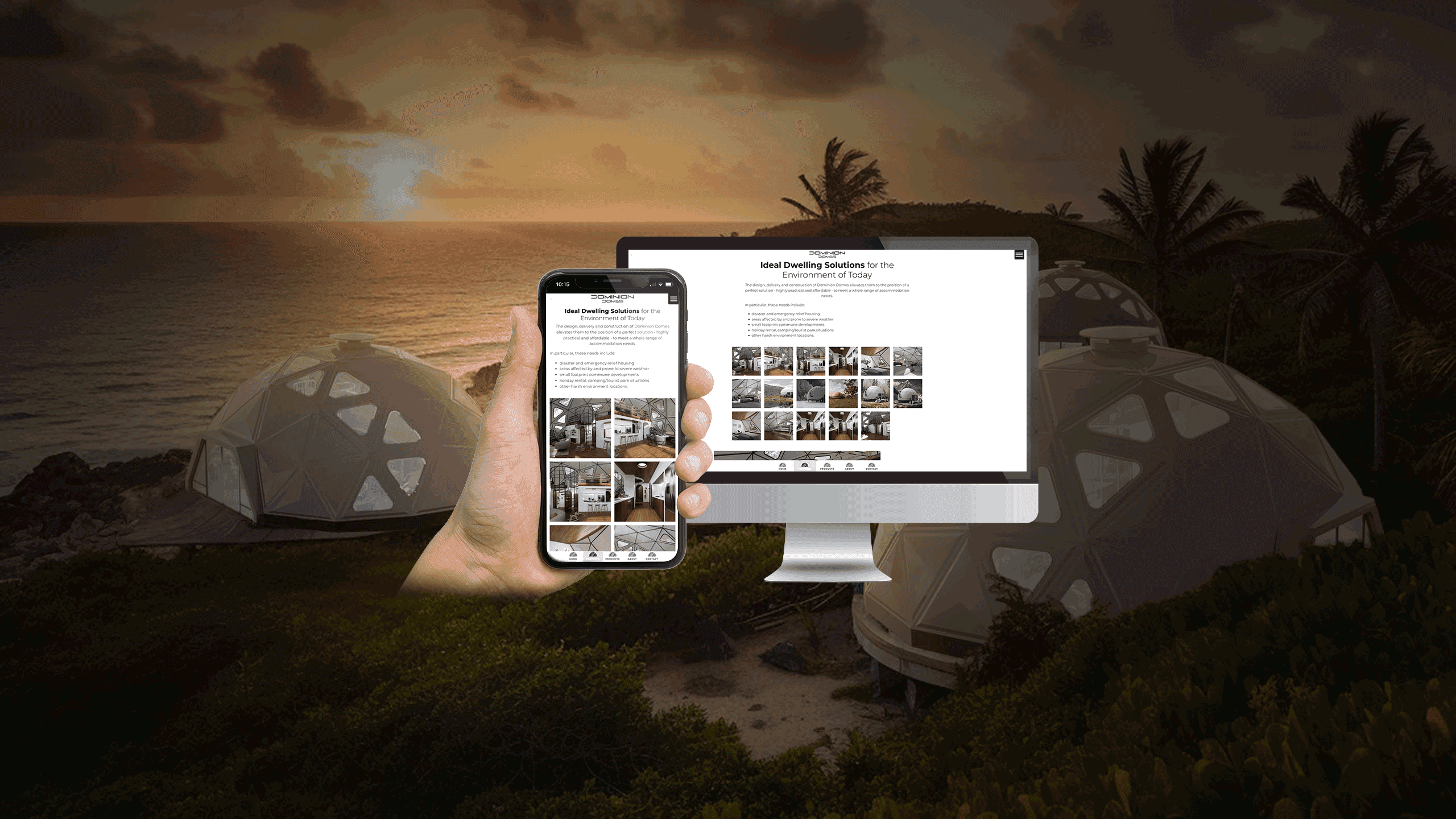 Dominion Domes dwelling solutions page on desktop and smartphone against a geodesic dome backdrop