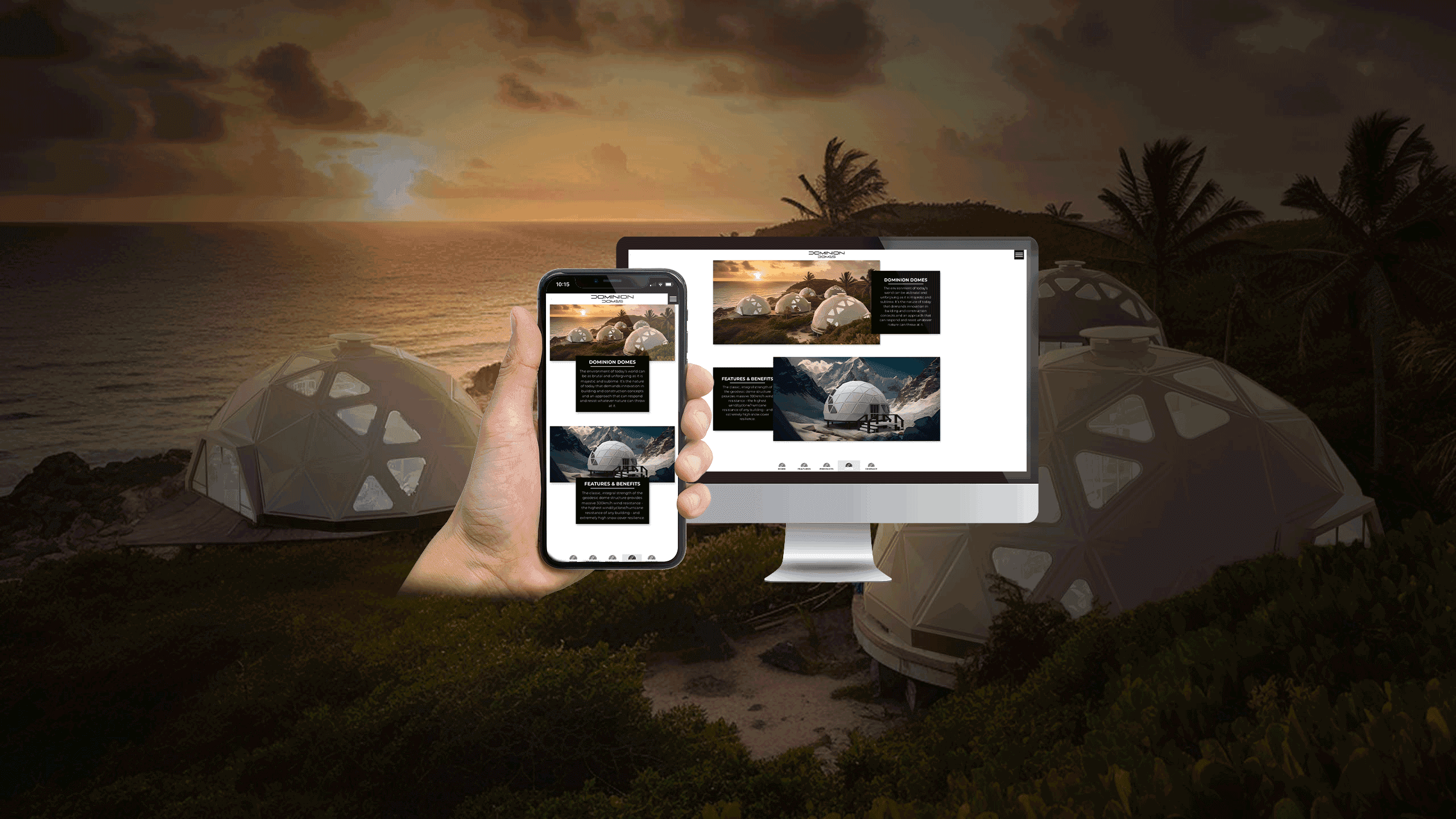 Dominion Domes features and benefits page on desktop and smartphone against a geodesic dome backdrop