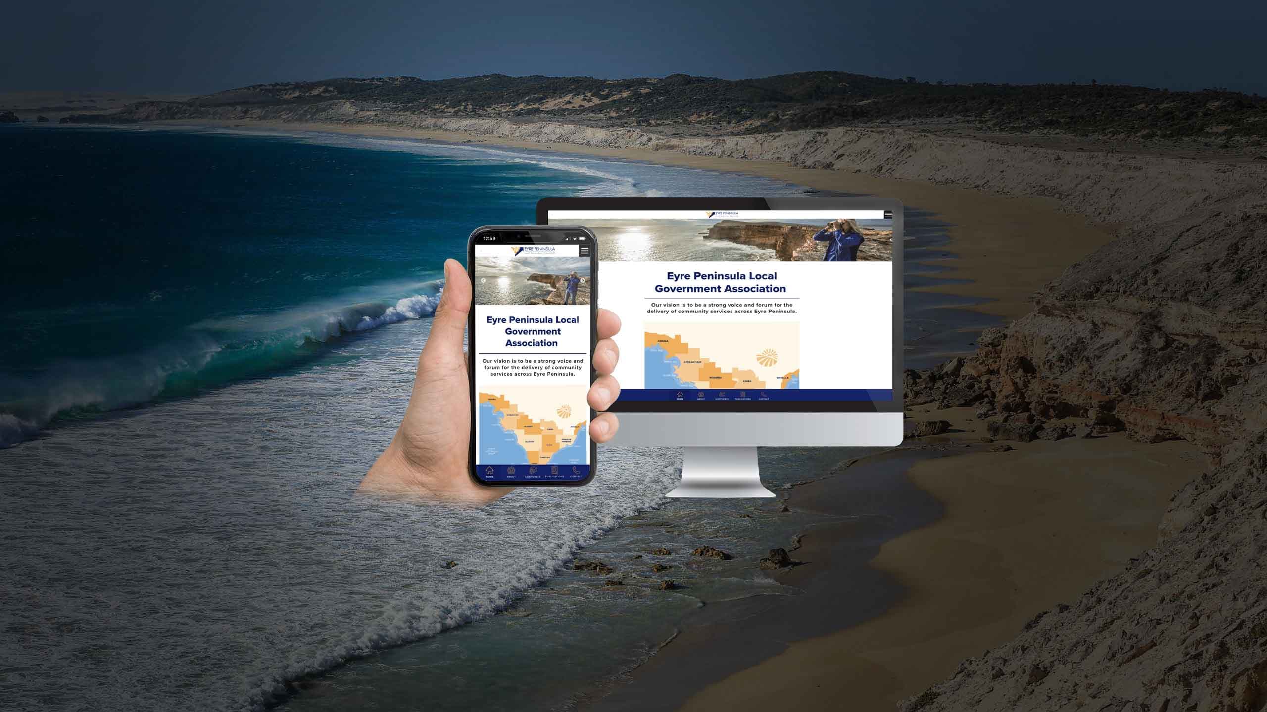 Eyre Peninsula Local Government Association website homepage on desktop and mobile, set against a coastal cliff