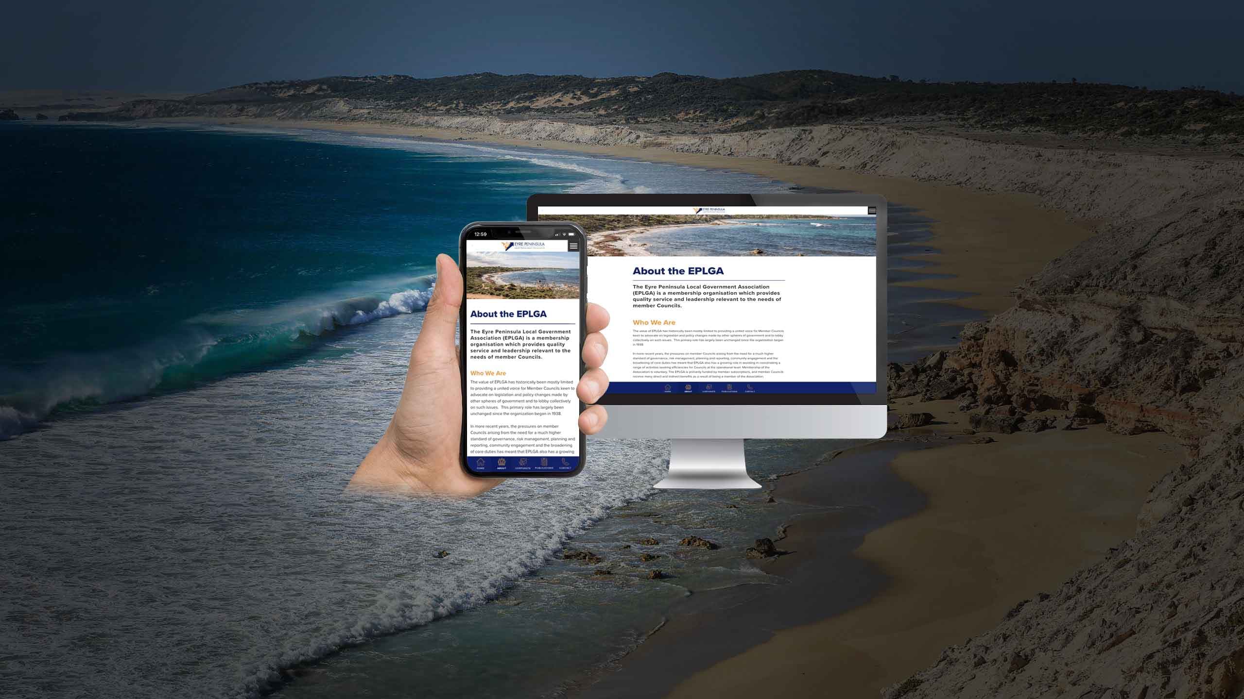 Eyre Peninsula Local Government Association website About page on desktop and mobile, set against a coastal cliff