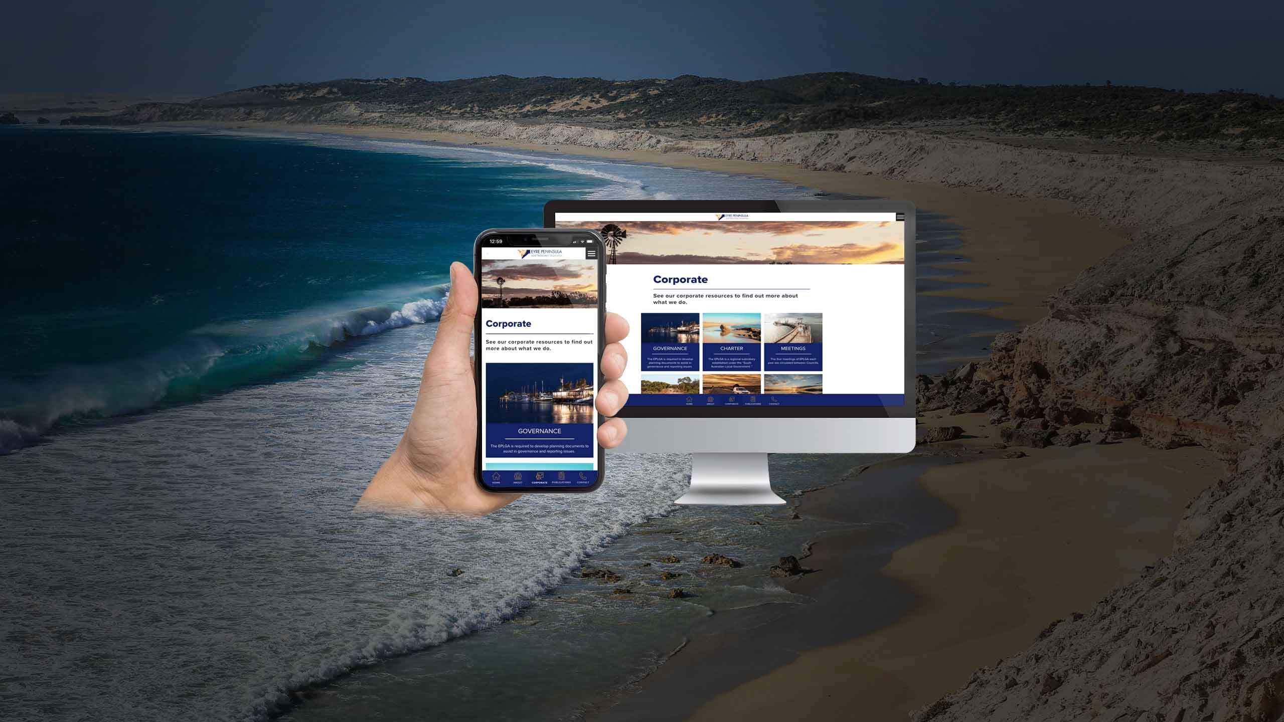 Eyre Peninsula Local Government Association website Corporate page on desktop and mobile, set against a coastal cliff