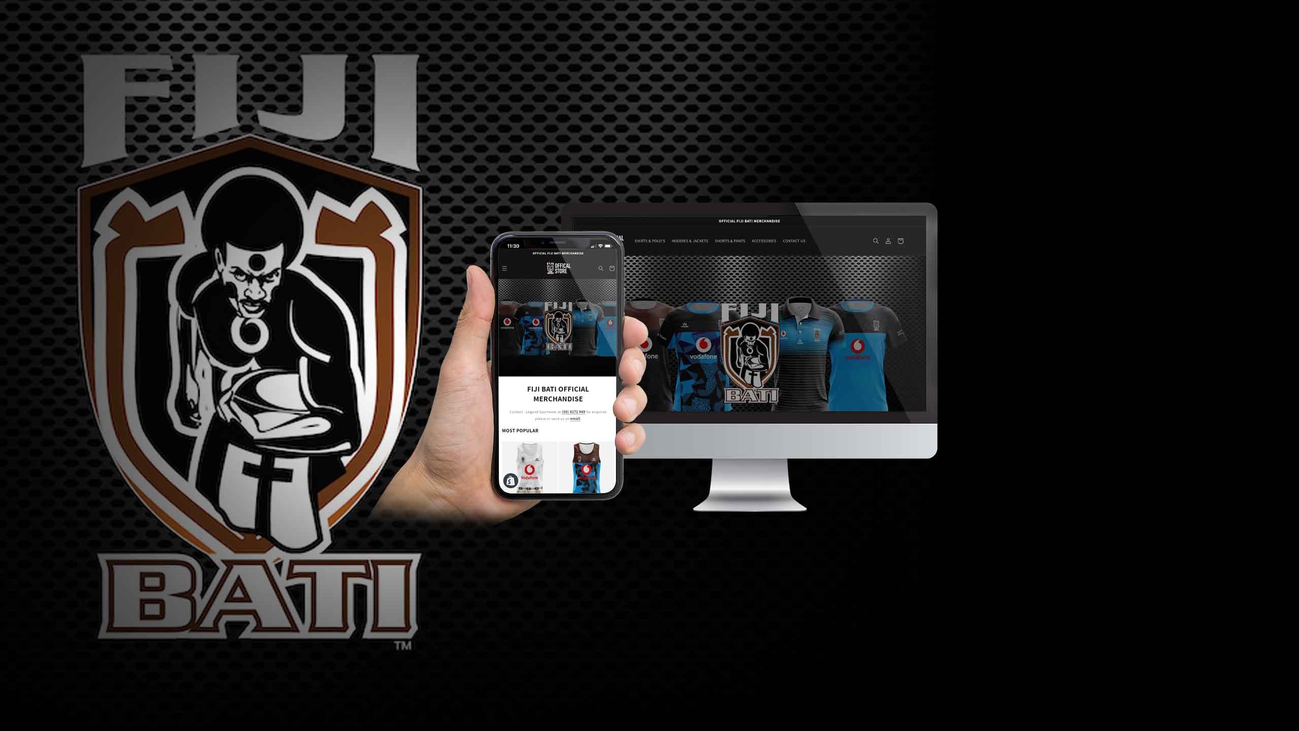 Fiji Bati Shop website on desktop and mobile beside the Fiji Bati team crest