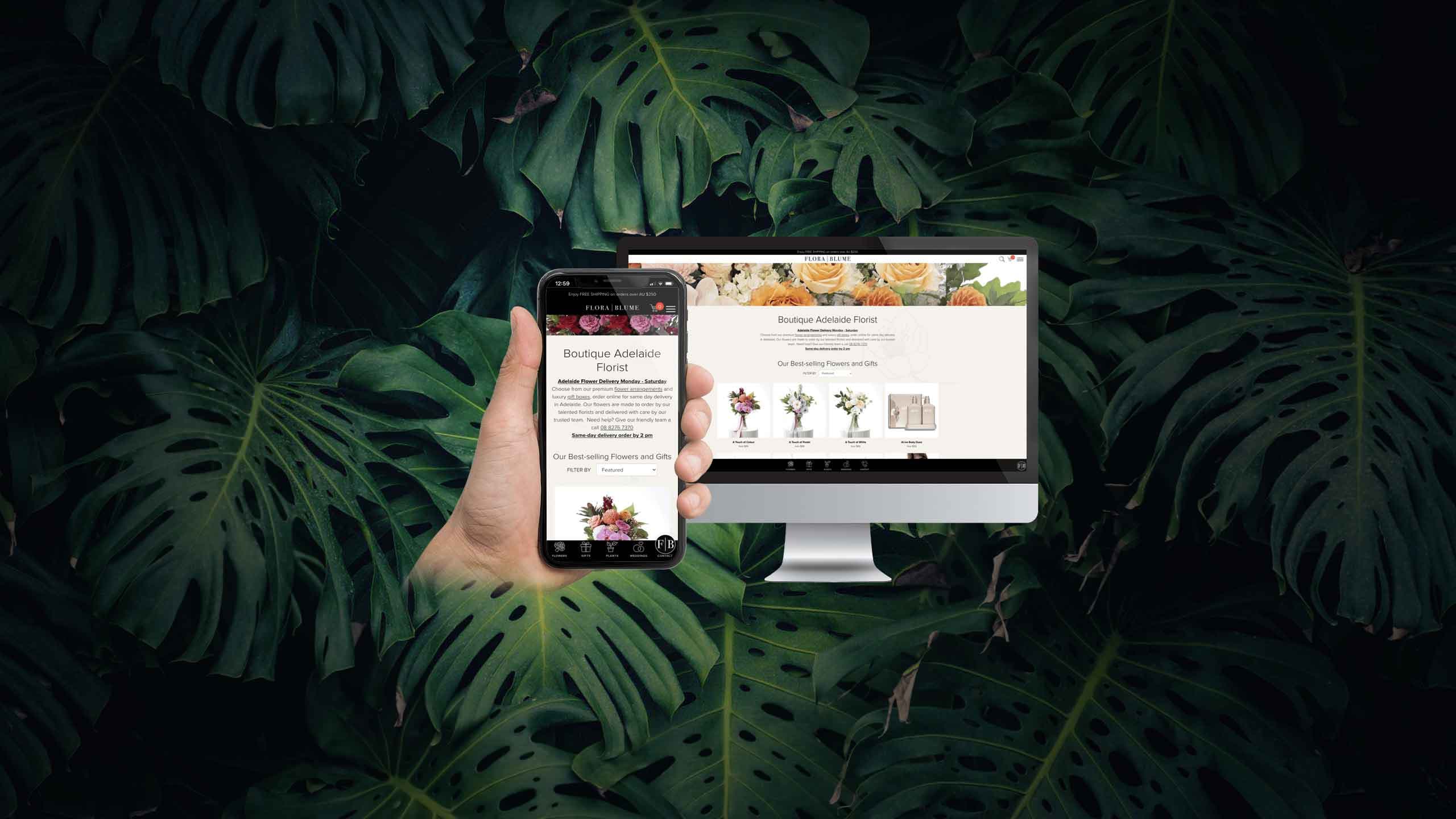 Flora Blume florist website shown on desktop and smartphone against a tropical leaf backdrop
