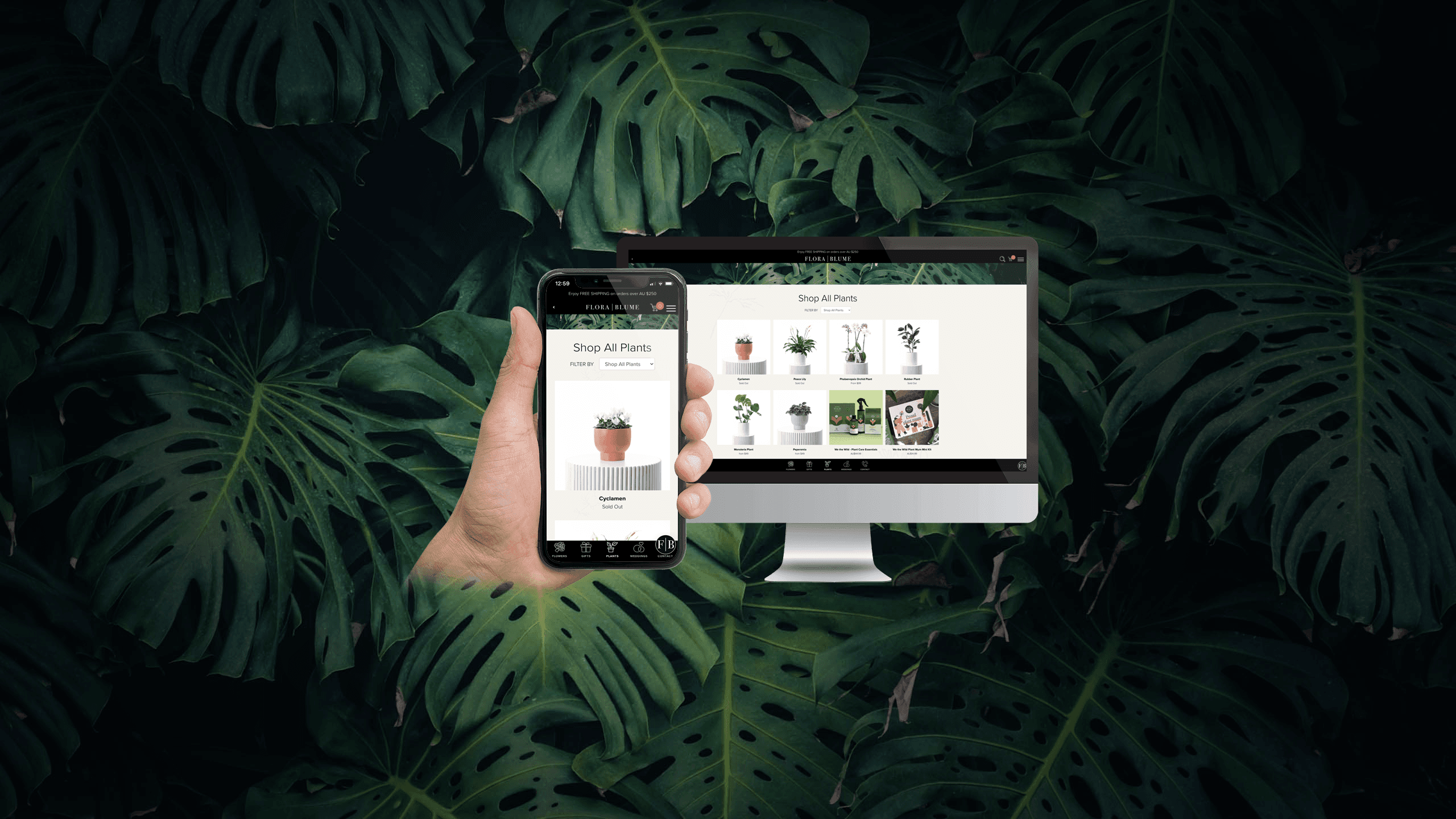 Flora Blume Shop All Plants page shown on desktop and smartphone against a tropical leaf backdrop