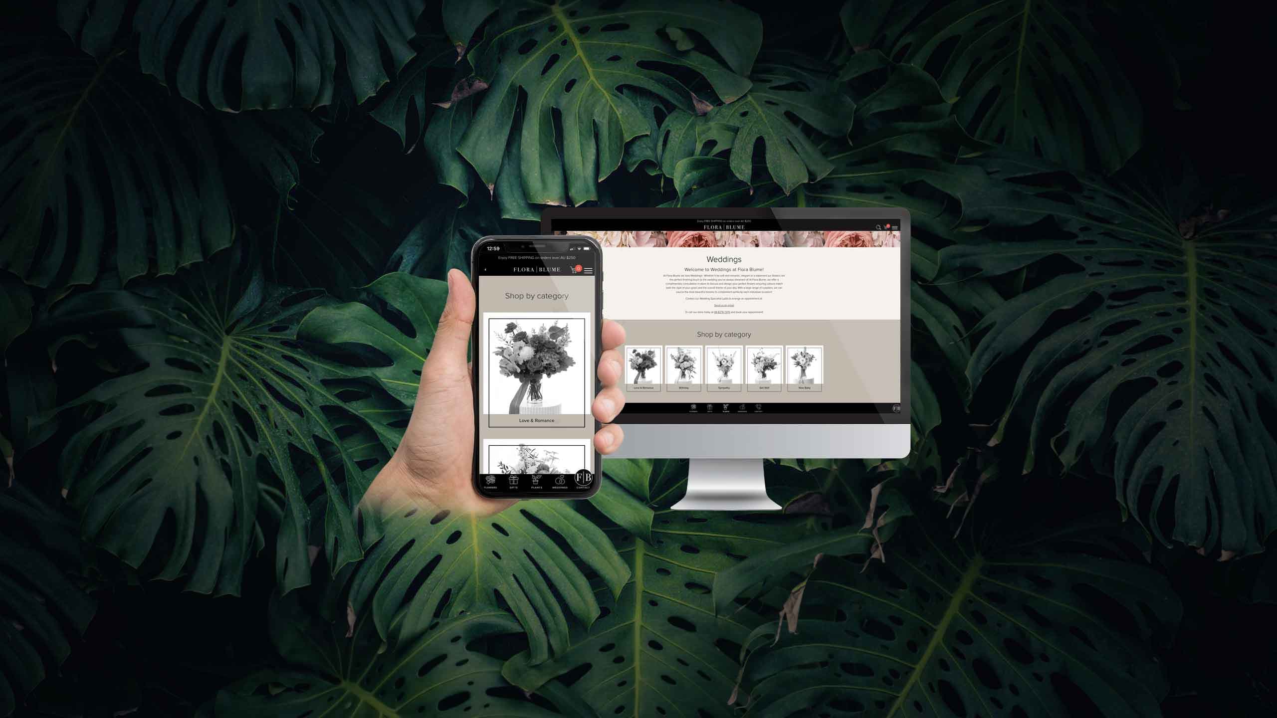 Flora Blume Weddings page shown on desktop and smartphone against a tropical leaf backdrop