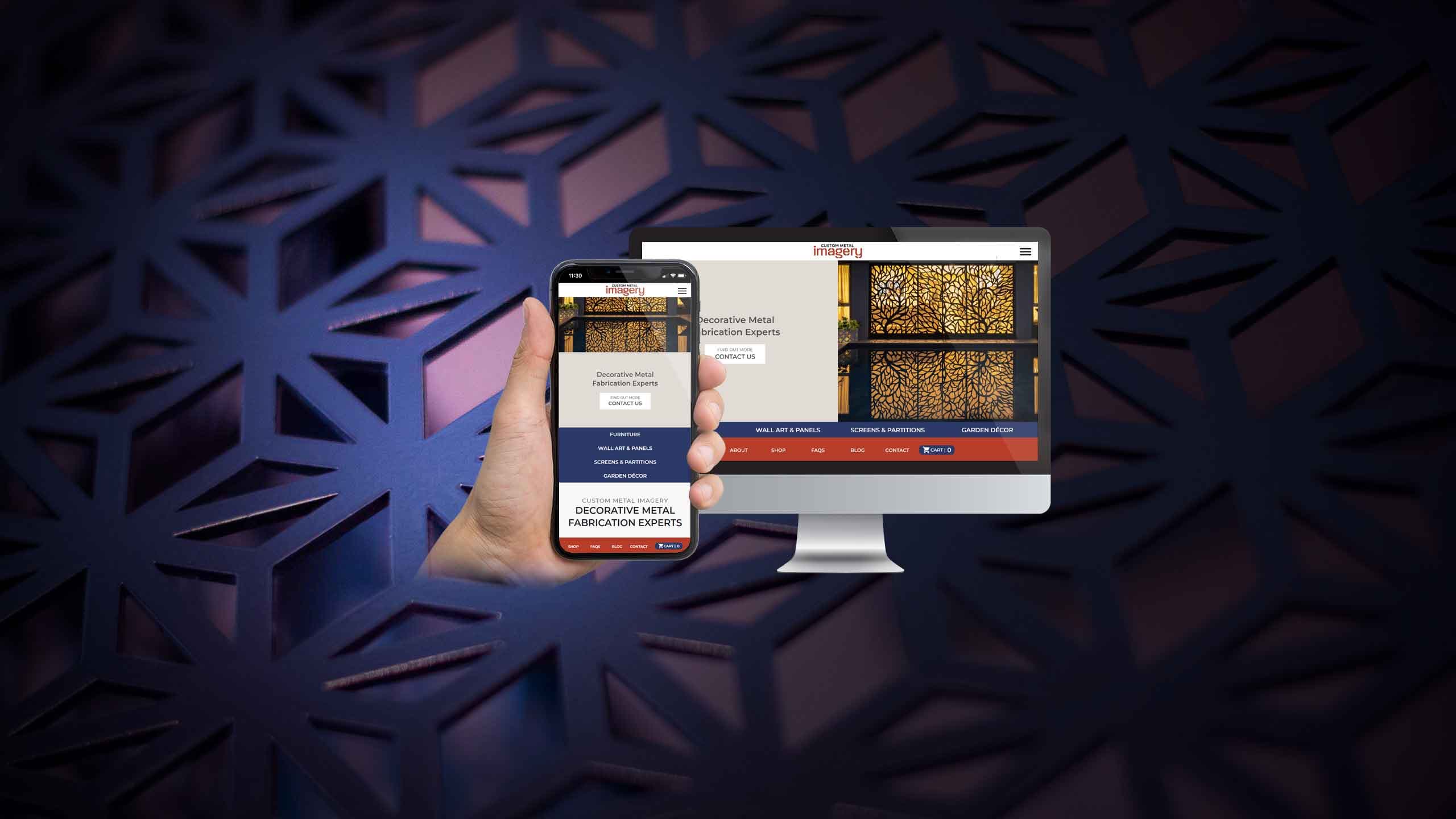 Custom Metal Imagery website homepage on a desktop monitor and smartphone against a laser-cut metal pattern
