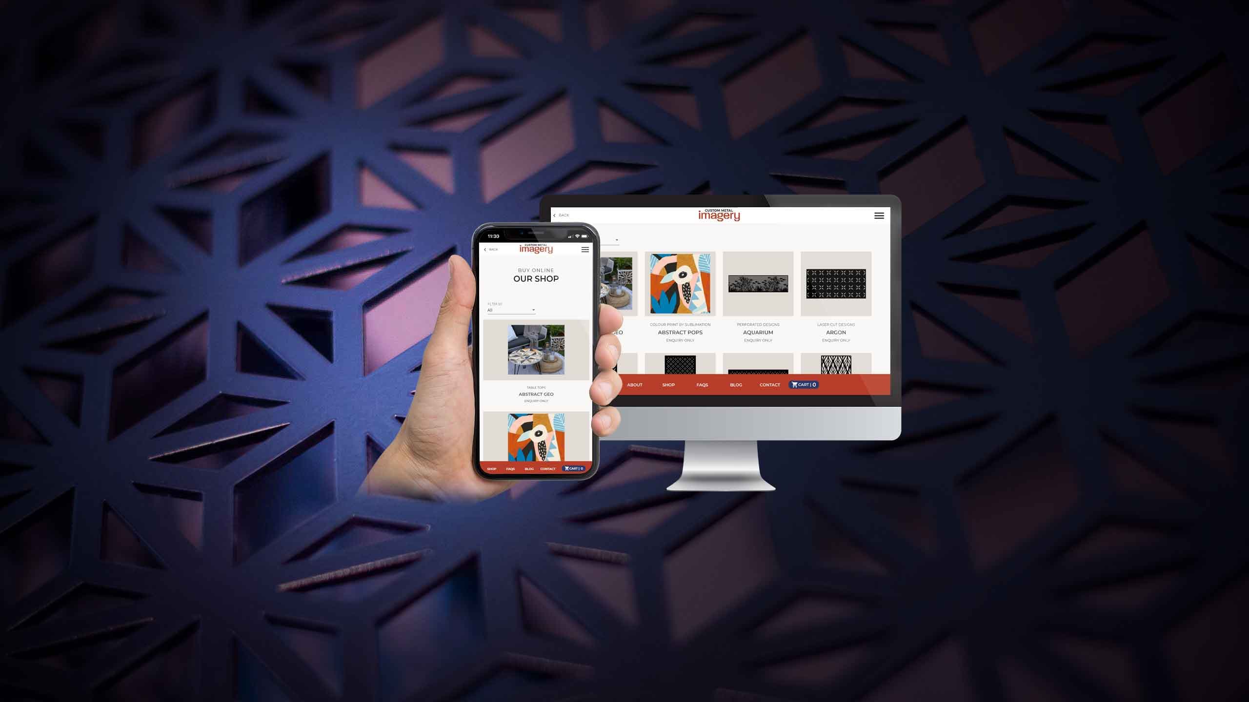Custom Metal Imagery website shop page on a desktop monitor and smartphone against a laser-cut metal pattern