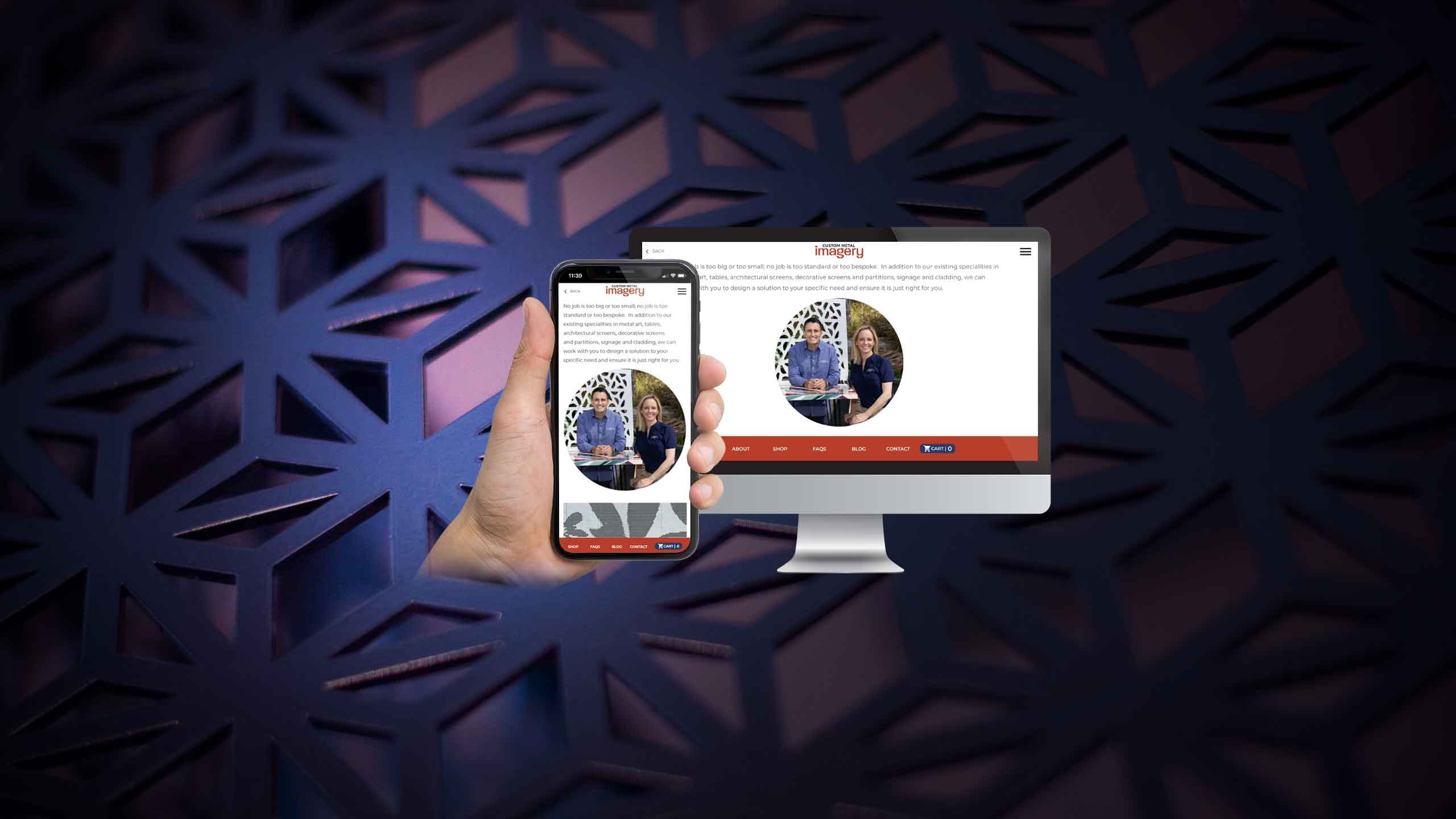 Custom Metal Imagery website about page on a desktop monitor and smartphone against a laser-cut metal pattern