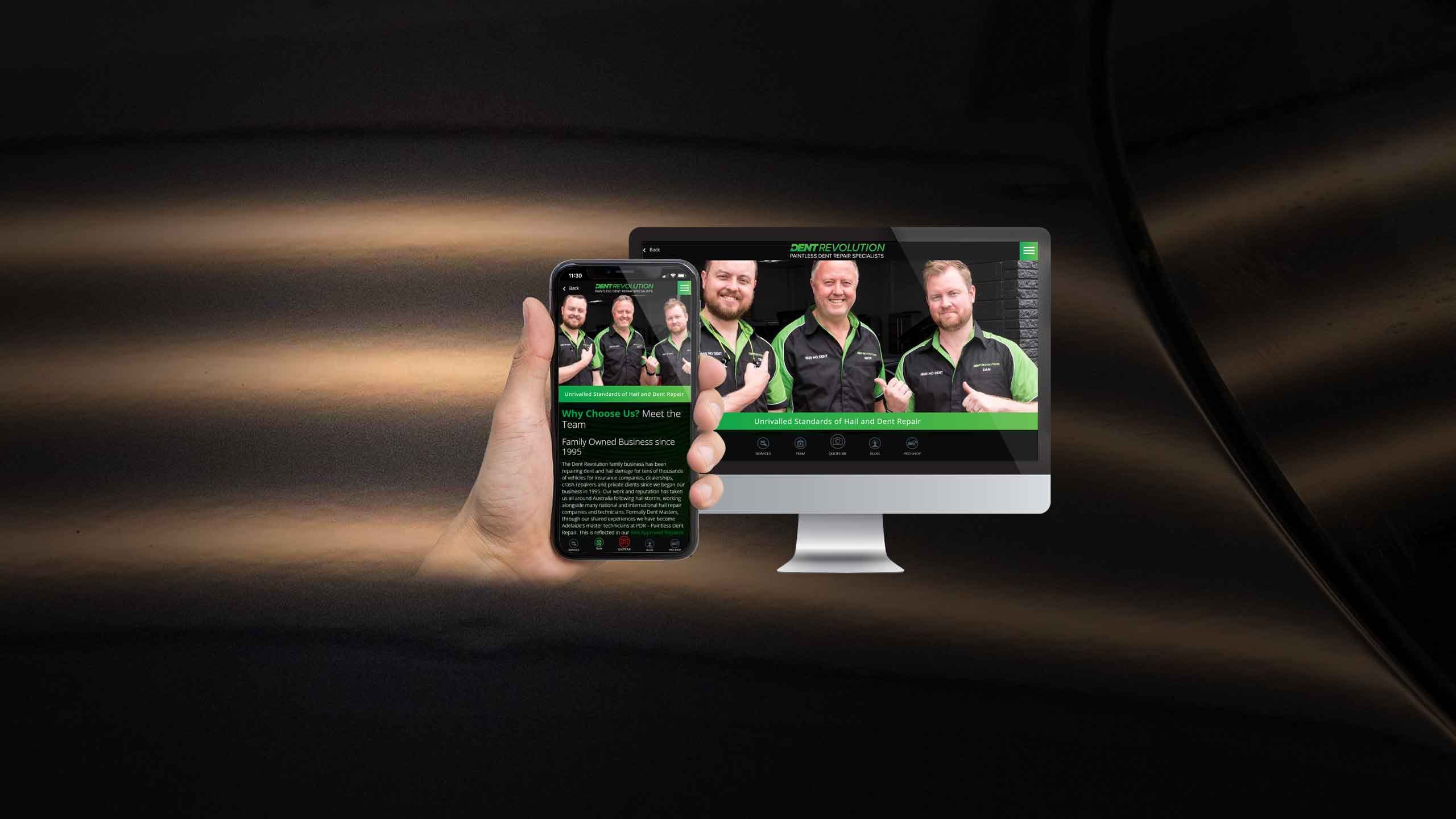 Dent Revolution website Meet the Team page on desktop and smartphone