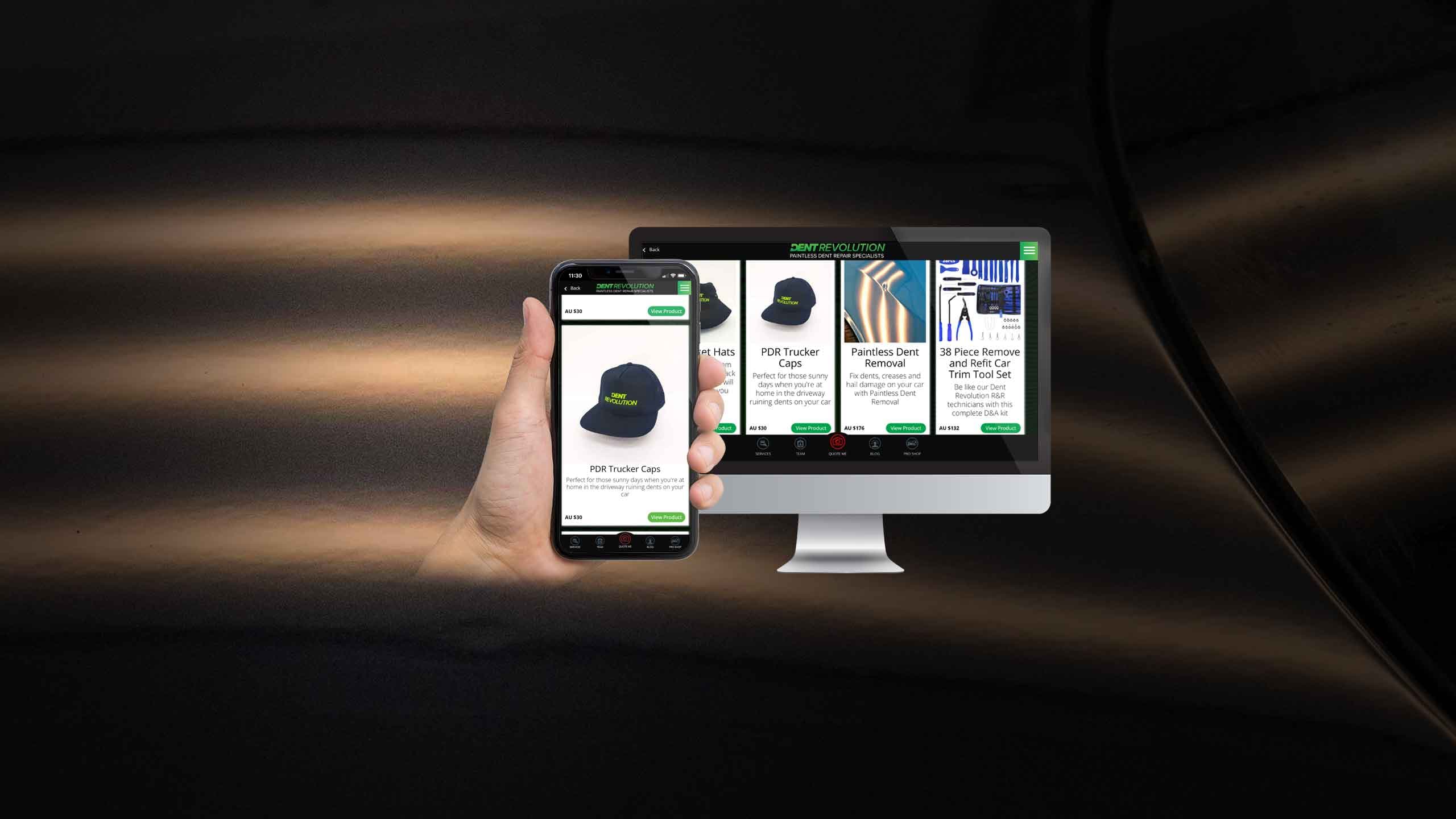 Dent Revolution website pro shop page on desktop and smartphone