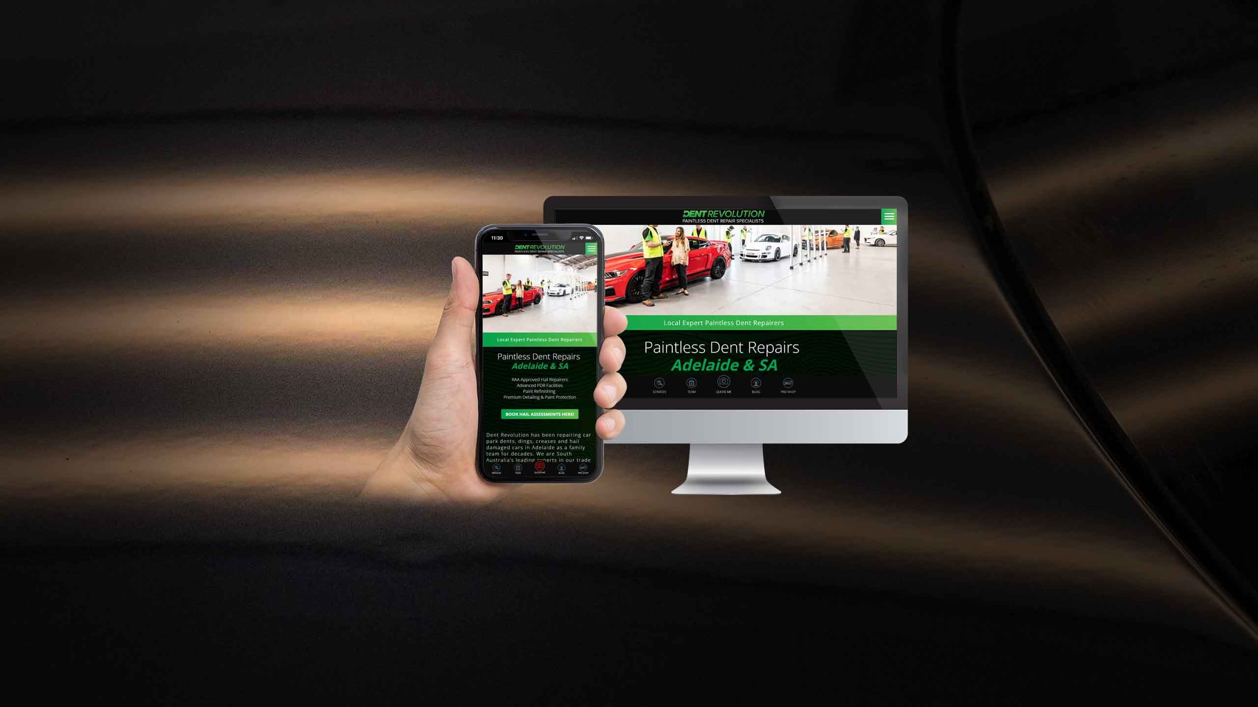 Dent Revolution website homepage on desktop and smartphone with repaired cars in a workshop