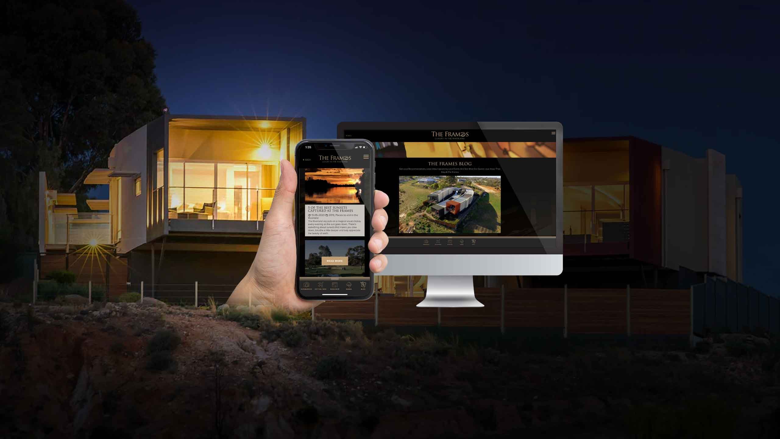 The Frames website home page on desktop and mobile devices over a night view of the luxury retreat