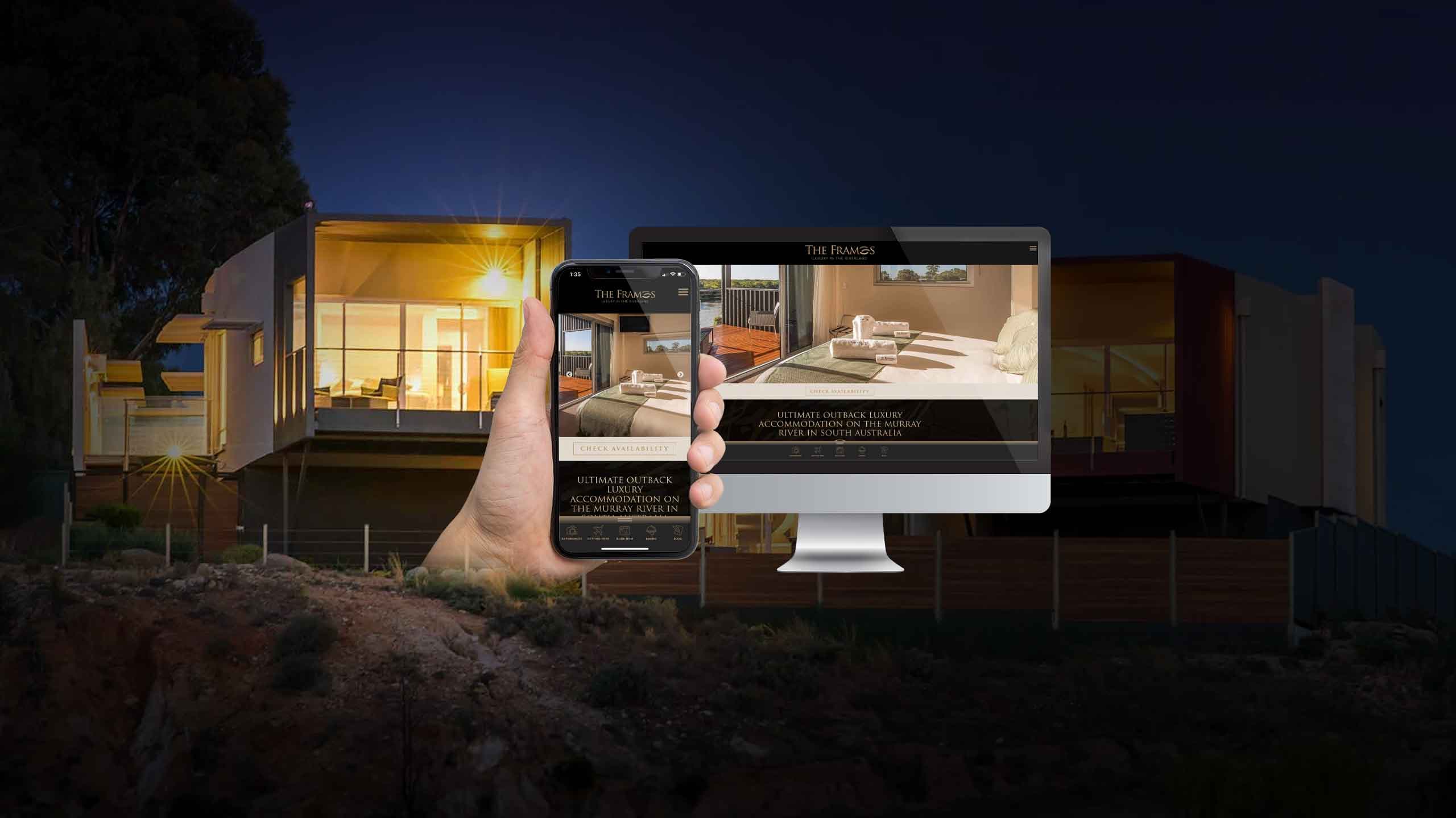 The Frames blog page on desktop and mobile devices over a dusk photo of the Riverland retreat