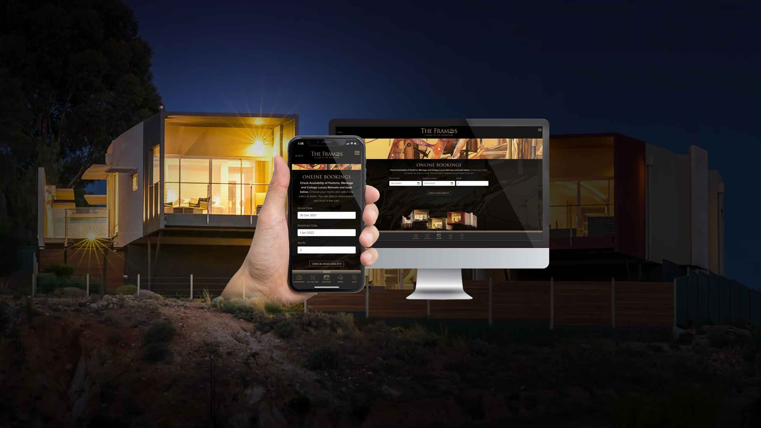 The Frames online bookings page on desktop and mobile devices over a night view of the retreat