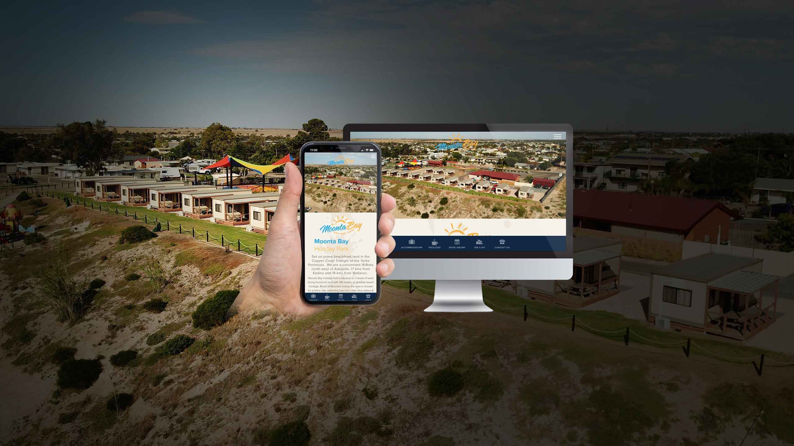 Moonta Bay Holiday Park website on desktop and smartphone over an aerial photo of the beachfront park